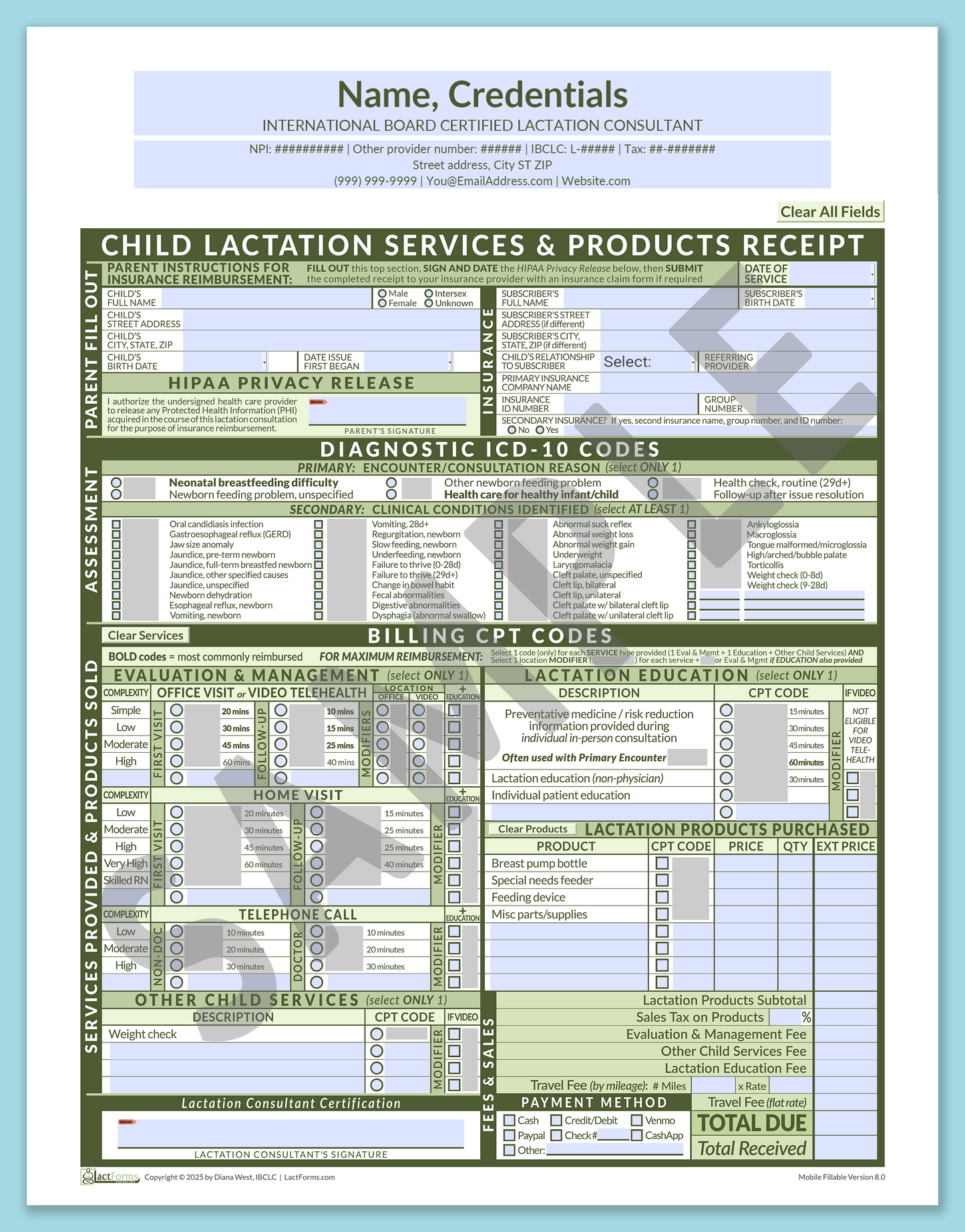 Child Superbill—MobileFillable, HeaderCenter before editing, Green, V8.0