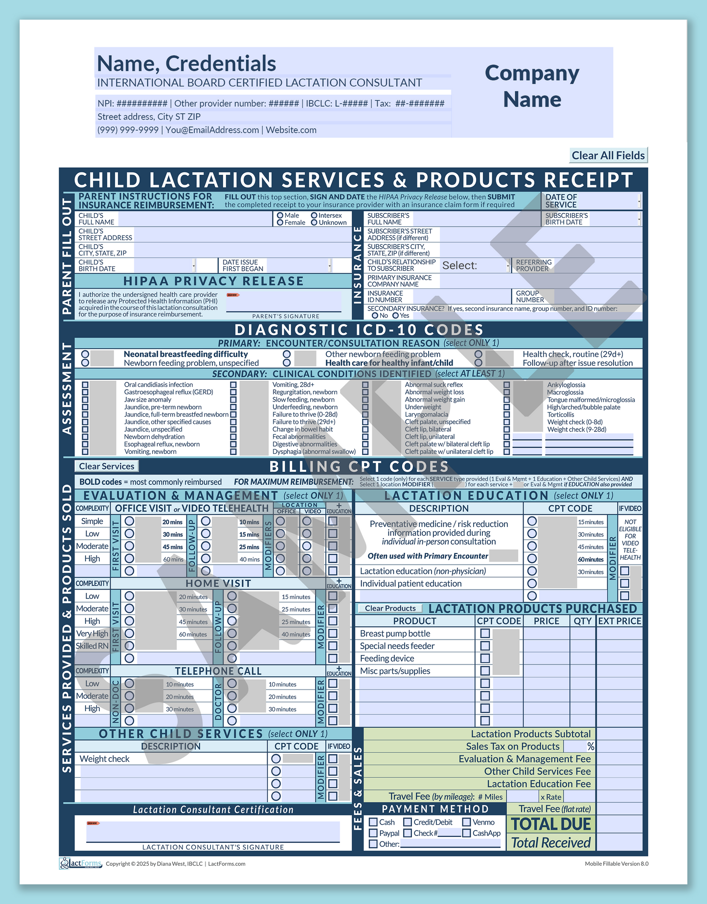 Child Superbill—MobileFillable, HeaderCompany before editing, Blue, V8.0