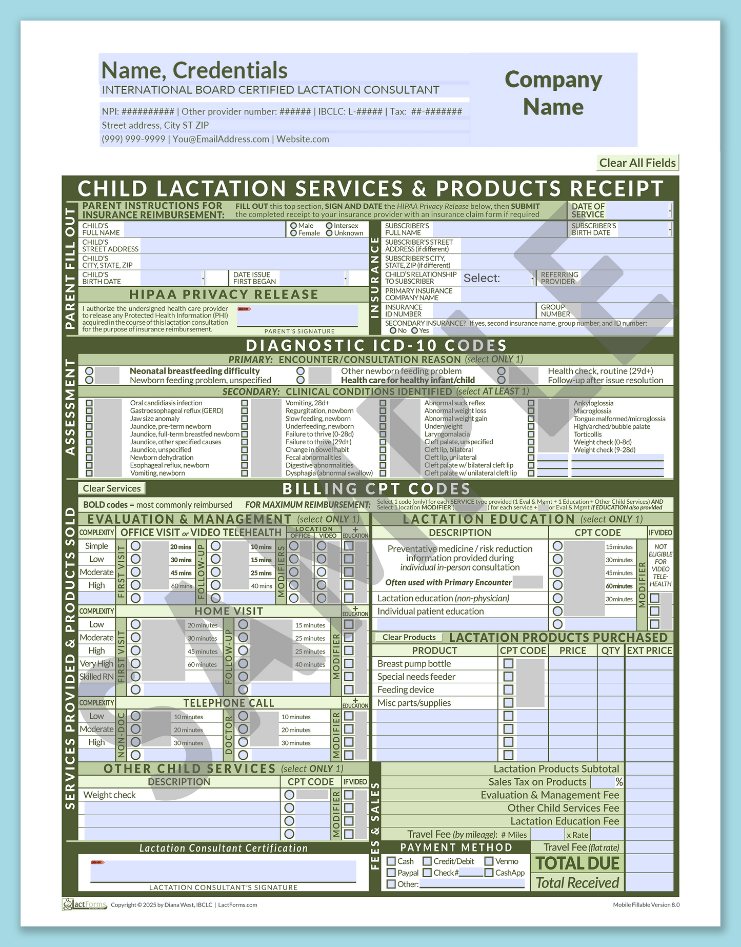 Child Superbill—MobileFillable, HeaderCompany before editing, Green, V8.0