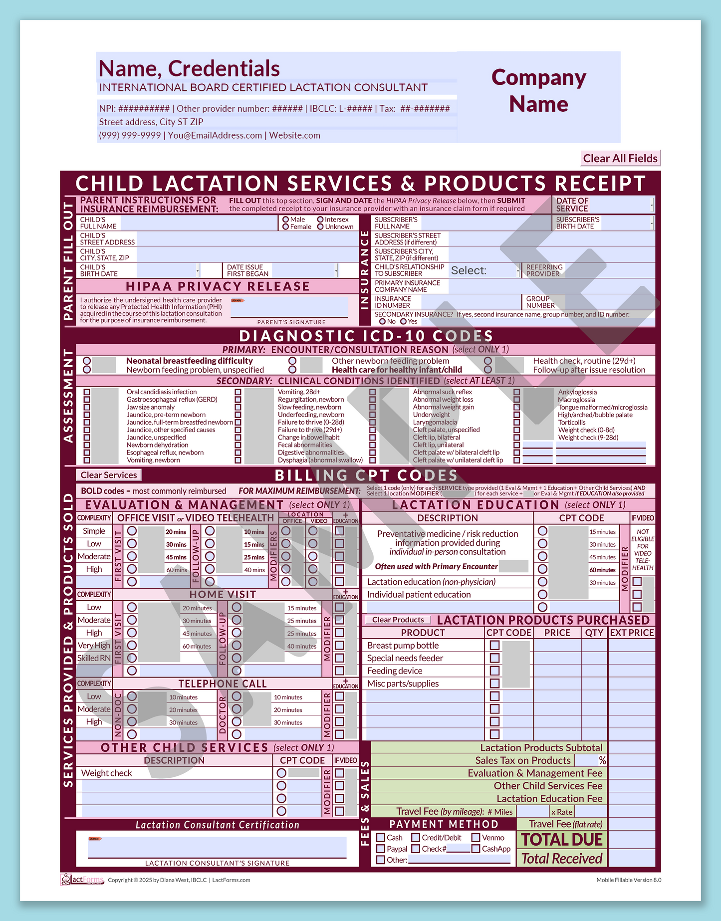 Child Superbill—MobileFillable, HeaderCompany before editing, Pink, V8.0