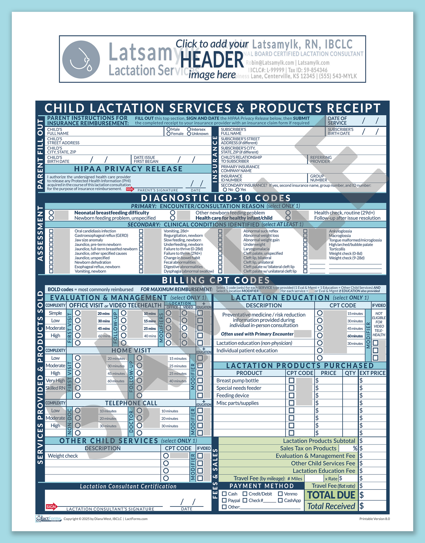 Child Superbill—OfficePrintable, HeaderBox before editing, Blue, V8.0