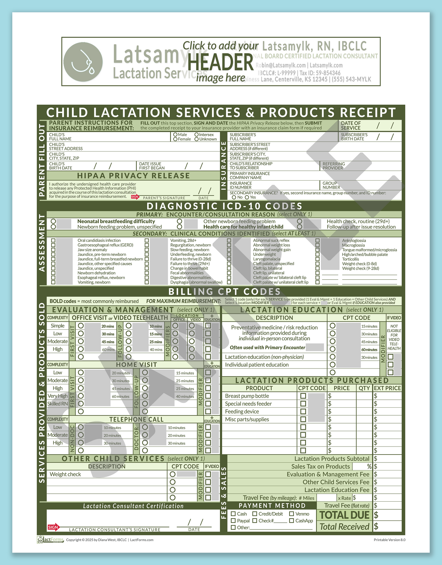 Child Superbill—OfficePrintable, HeaderBox before editing, Green, V8.0
