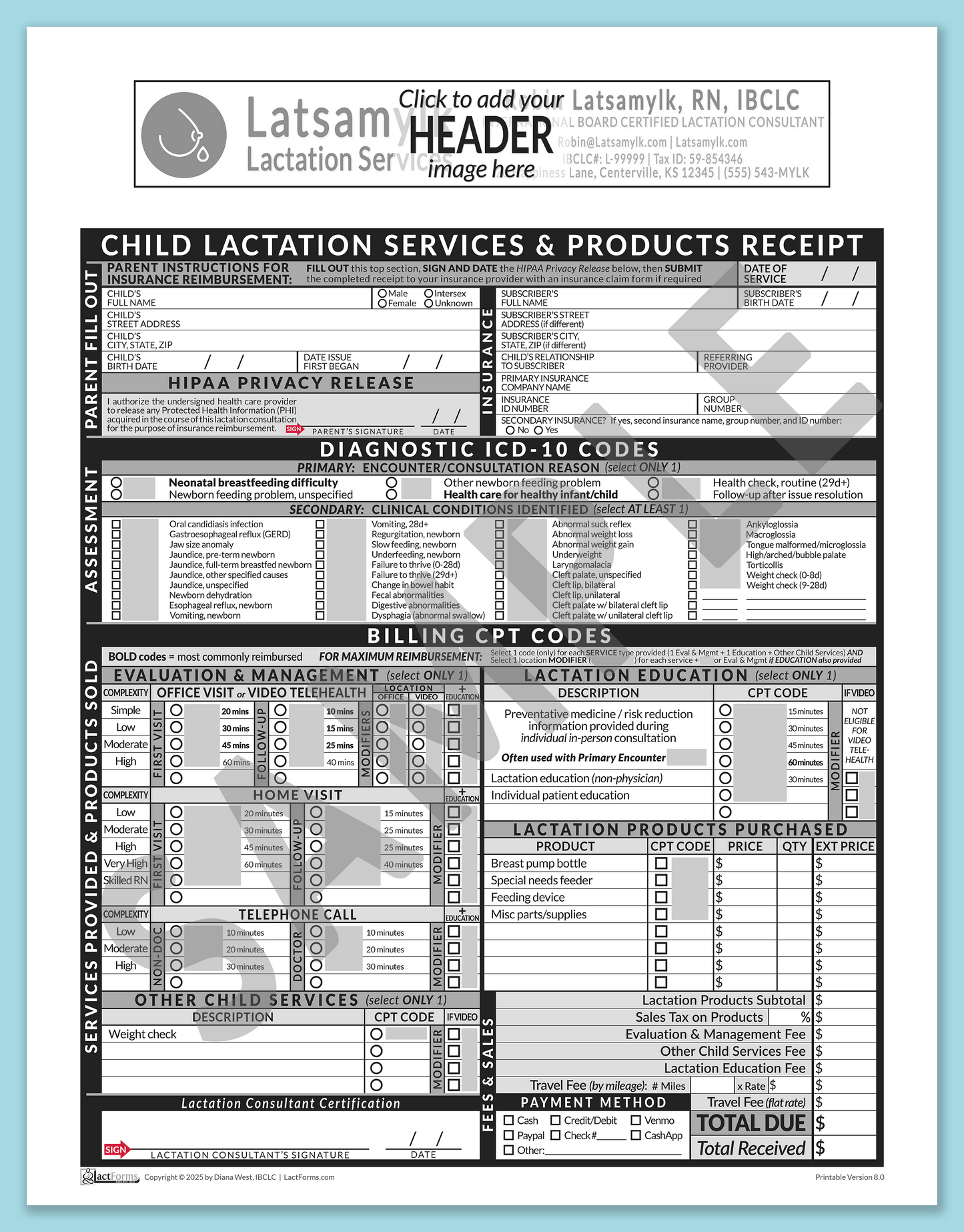 Child Superbill—OfficePrintable, HeaderBox before editing, Grey, V8.0