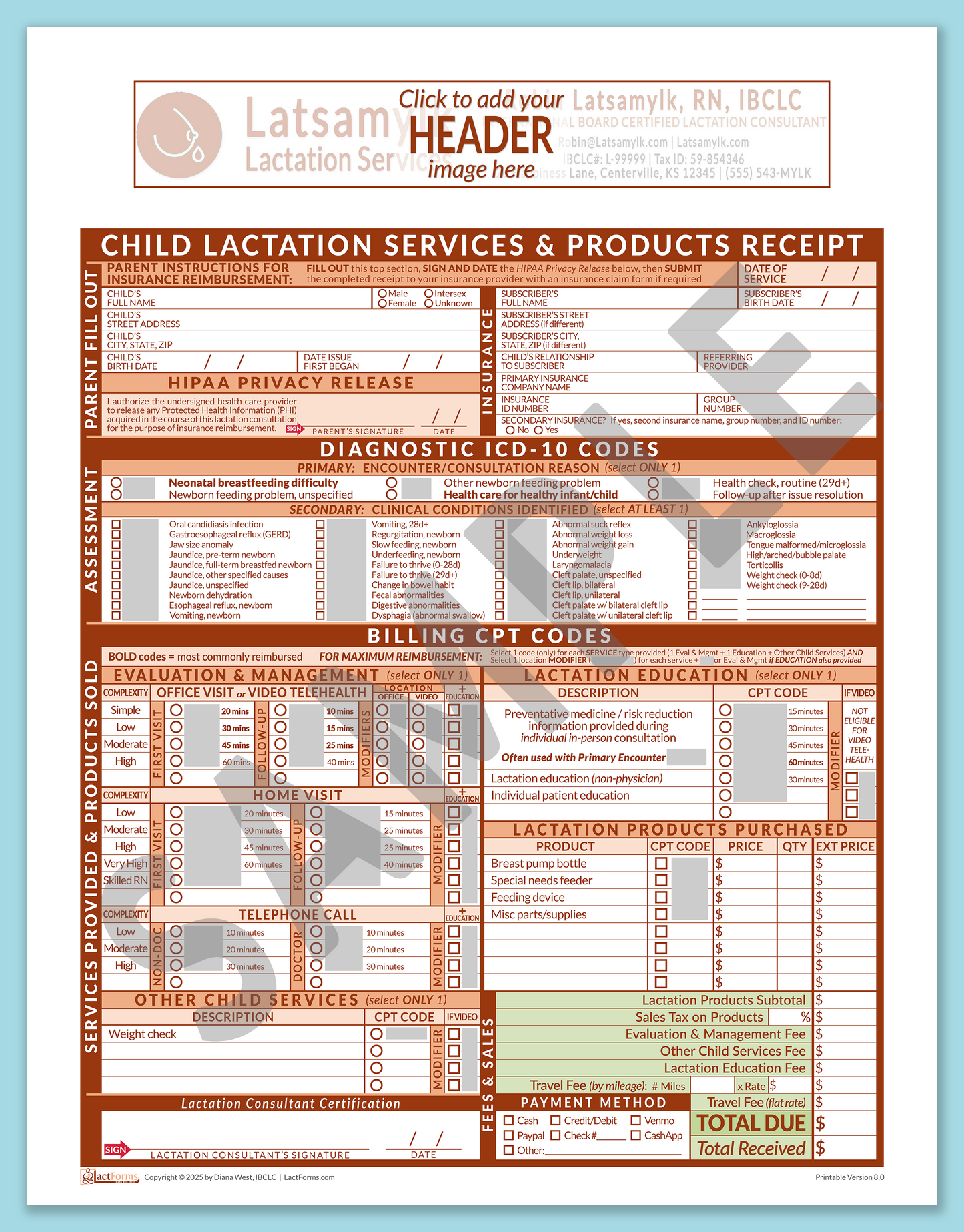 Child Superbill—OfficePrintable, HeaderBox before editing, Orange, V8.0
