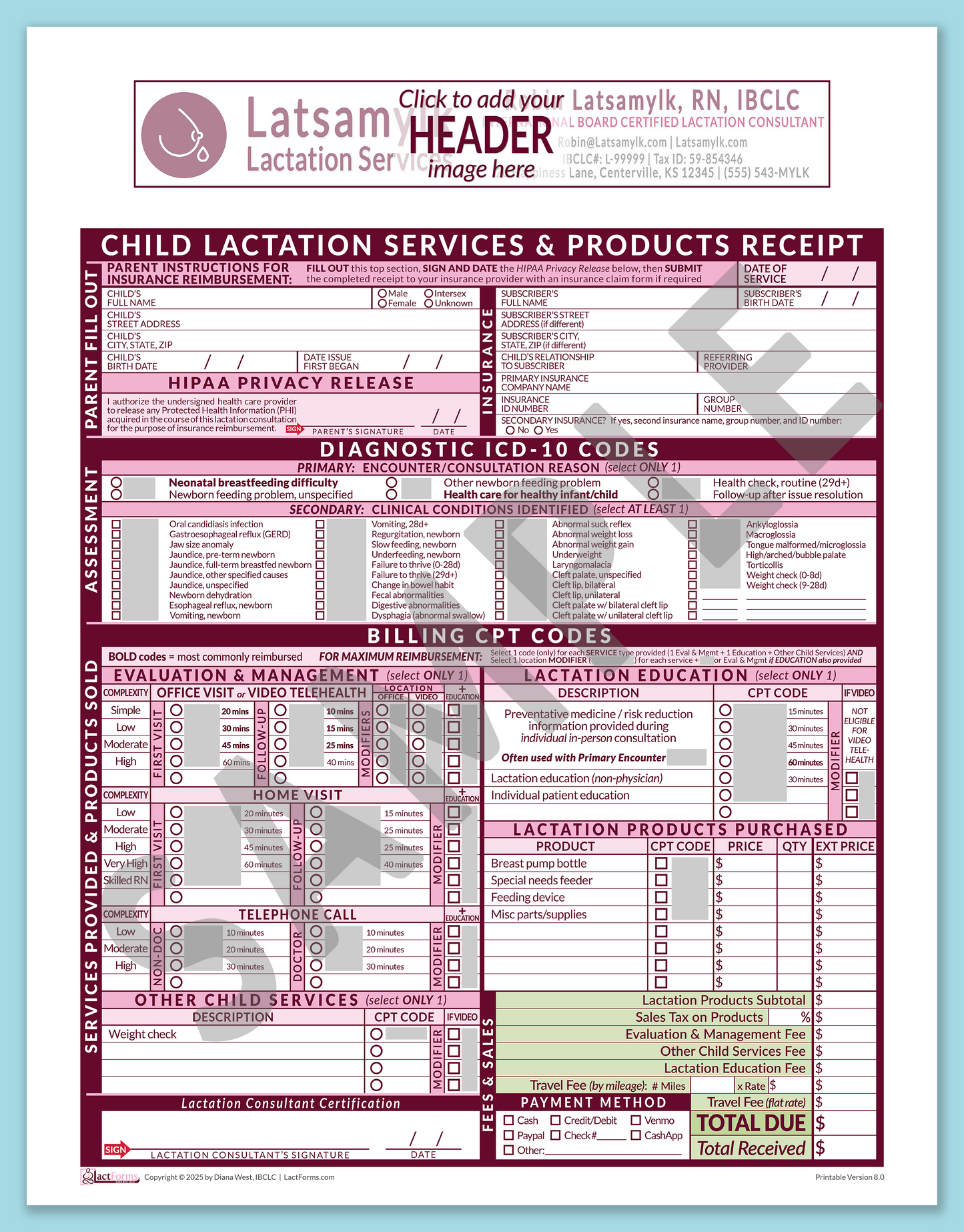 Child Superbill—OfficePrintable, HeaderBox before editing, Pink, V8.0