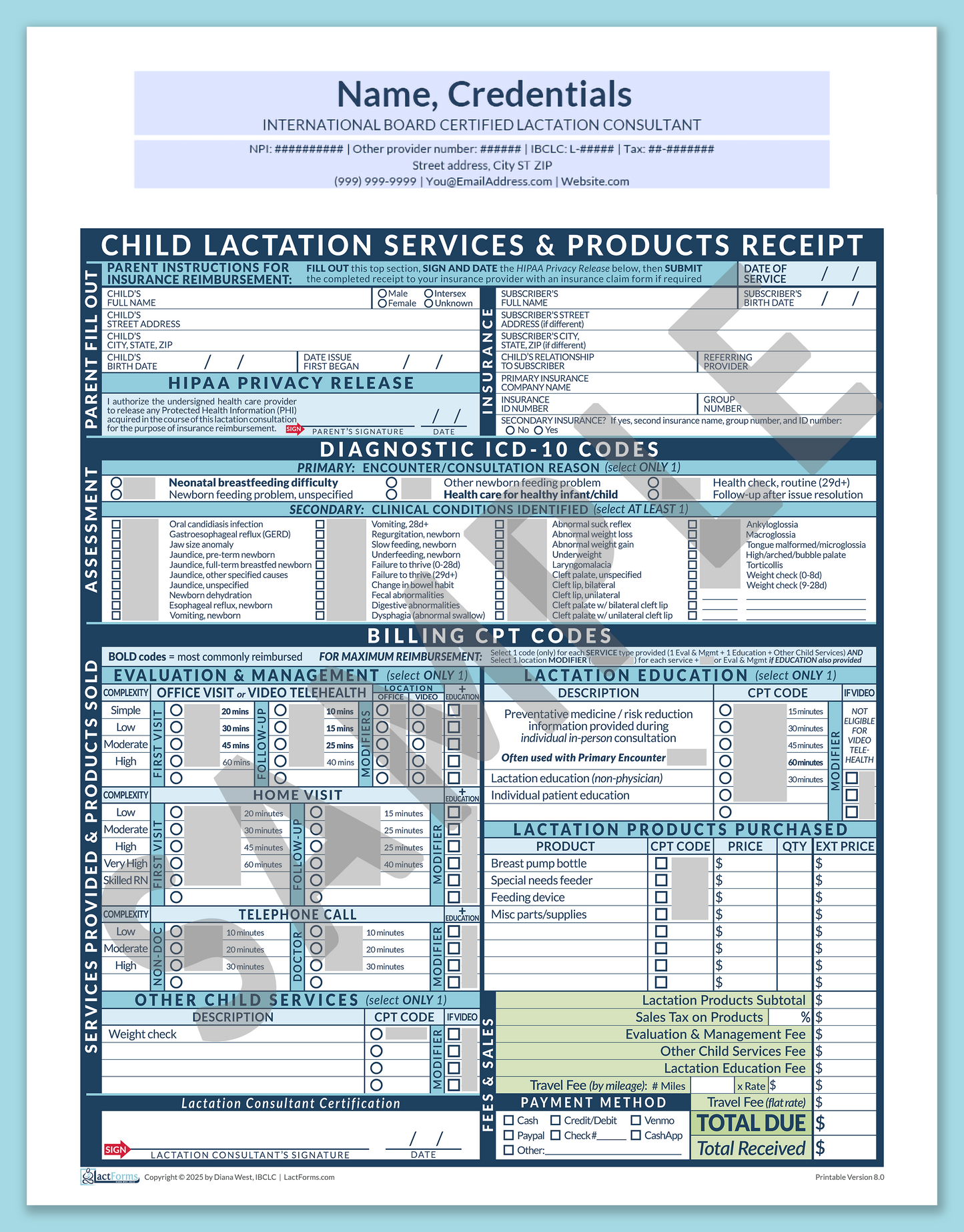 Child Superbill—OfficePrintable, HeaderCenter before editing, Blue, V8.0