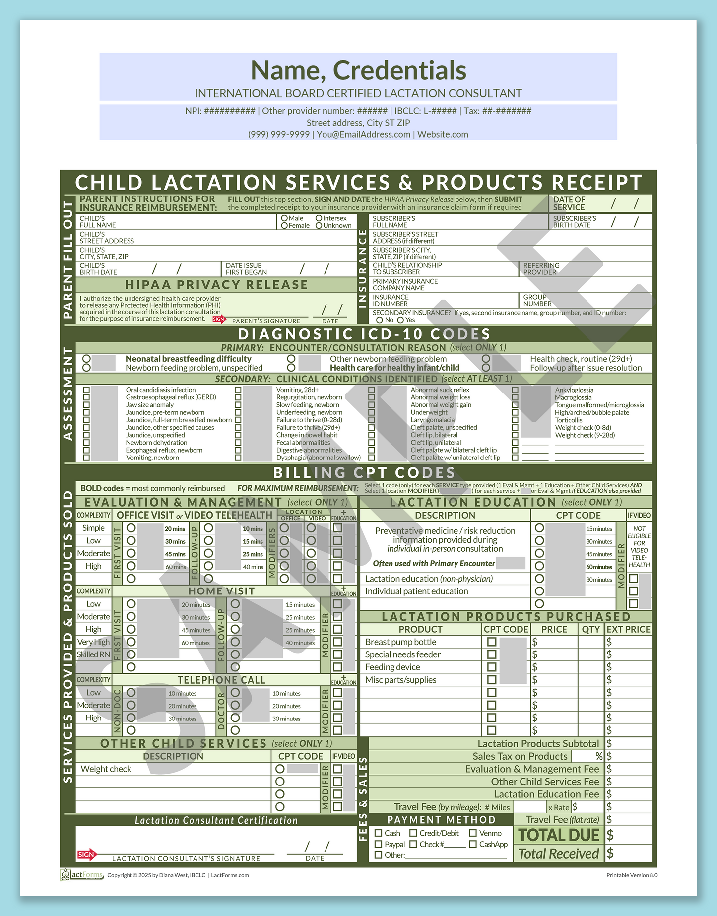 Child Superbill—OfficePrintable, HeaderCenter before editing, Green, V8.0