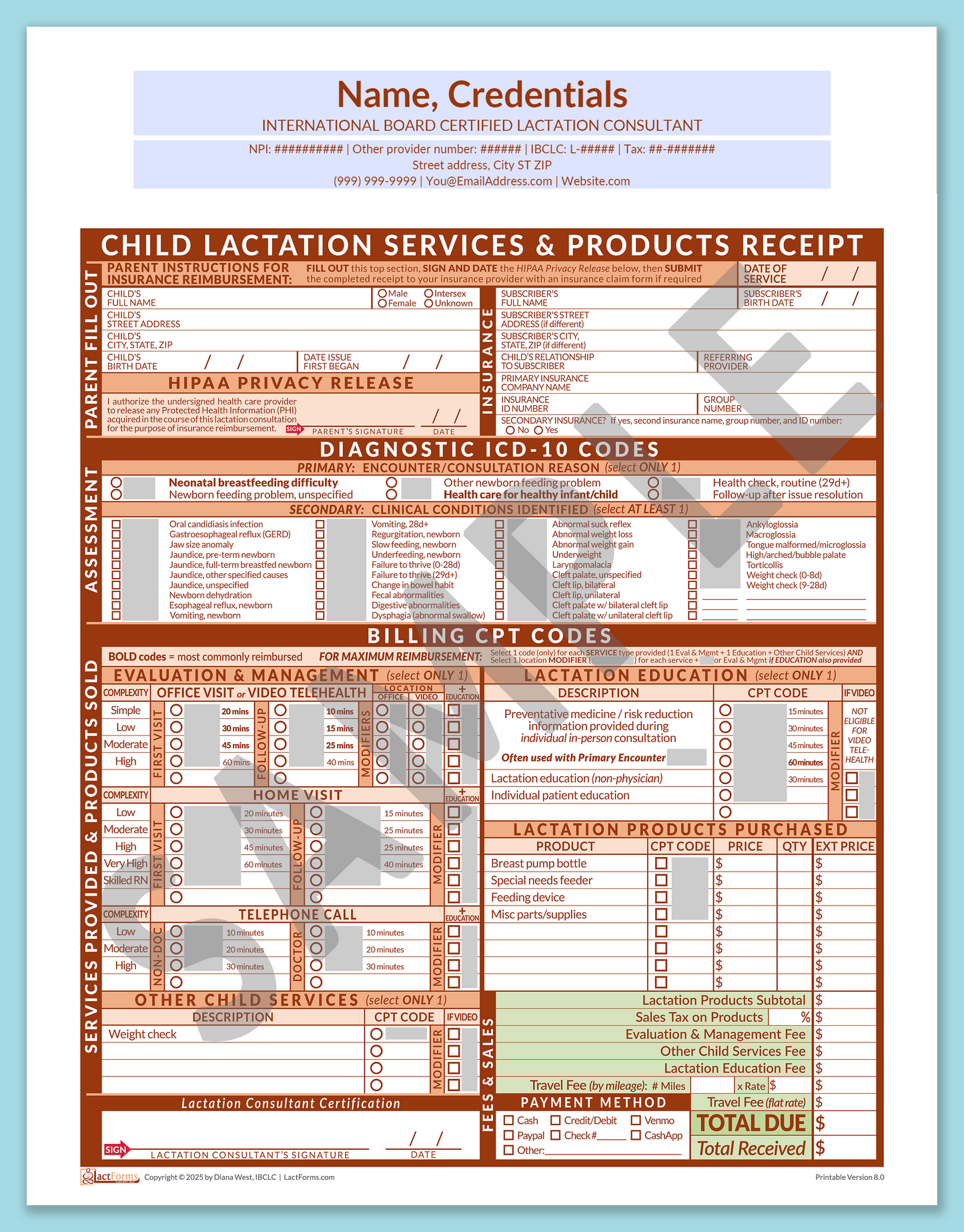 Child Superbill—OfficePrintable, HeaderCenter before editing, Orange, V8.0
