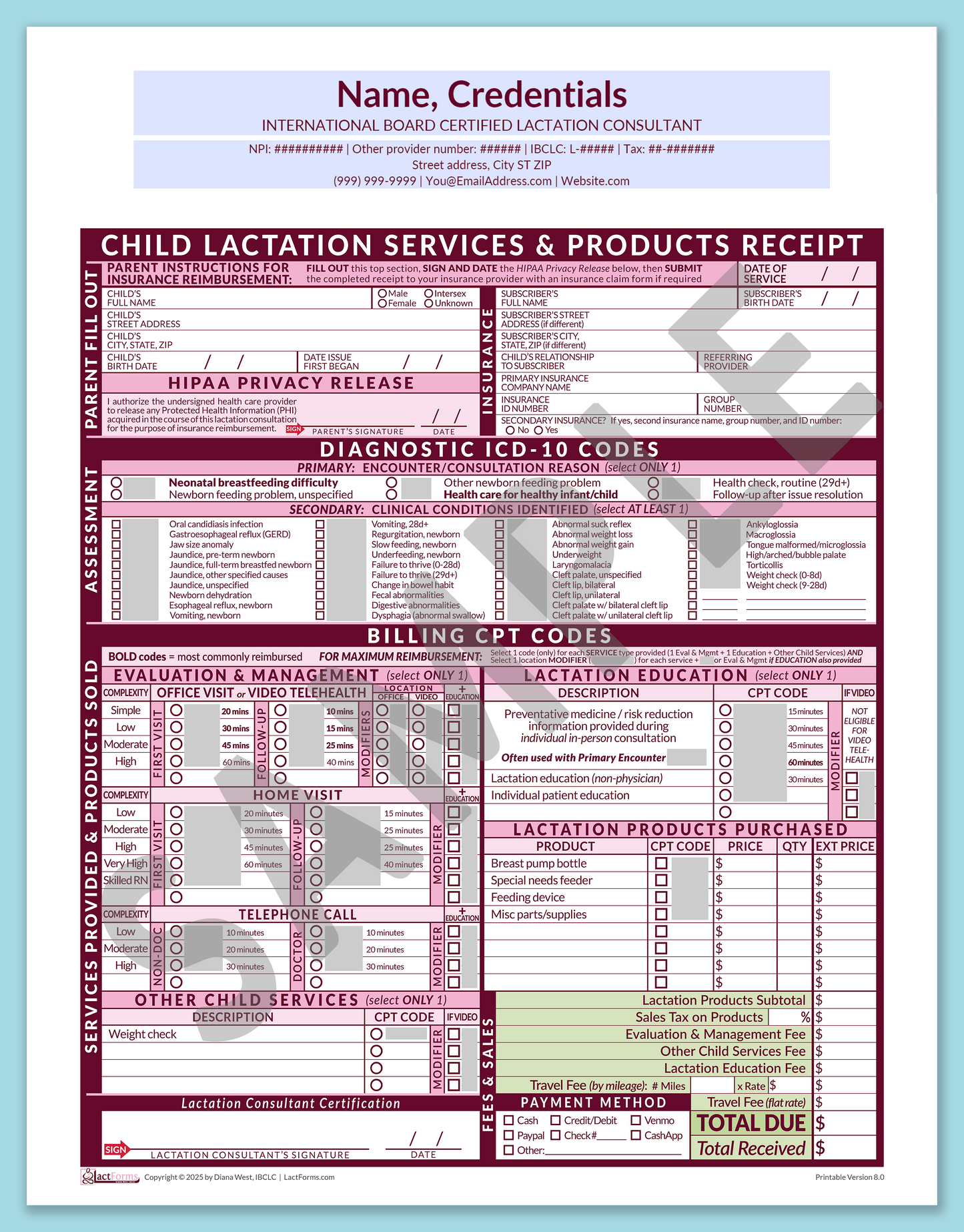Child Superbill—OfficePrintable, HeaderCenter before editing, Pink, V8.0