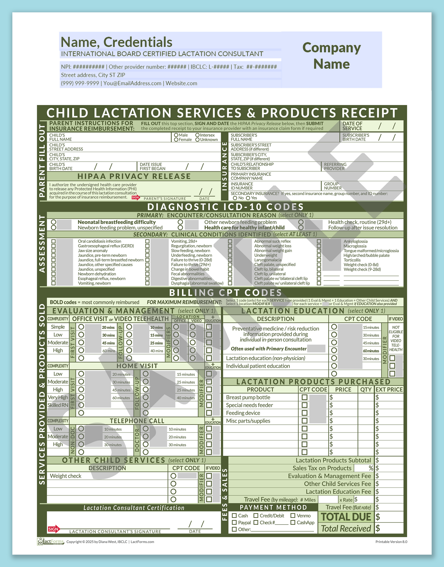 Child Superbill—OfficePrintable, HeaderCompany before editing, Green, V8.0