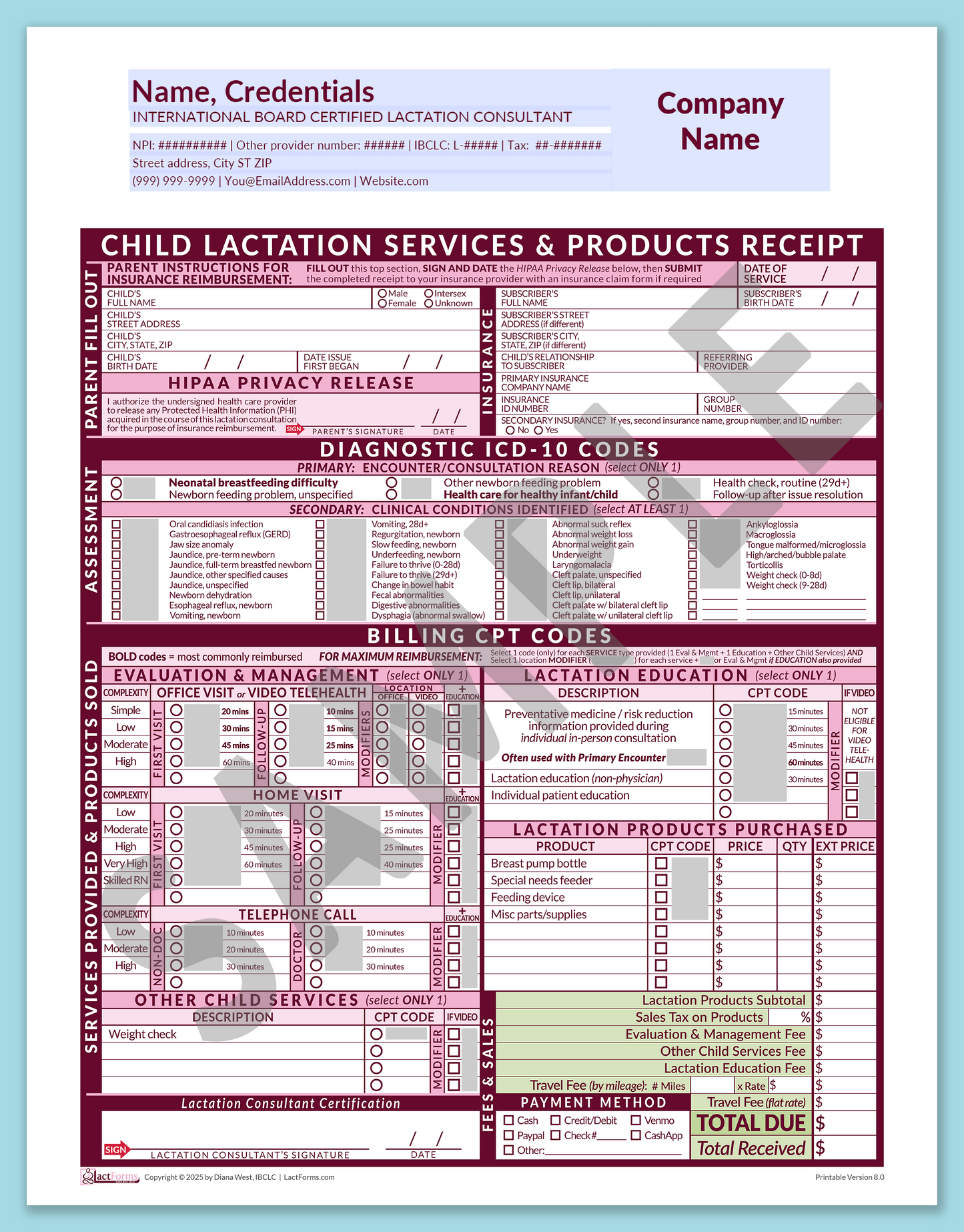 Child Superbill—OfficePrintable, HeaderCompany before editing, Pink, V8.0