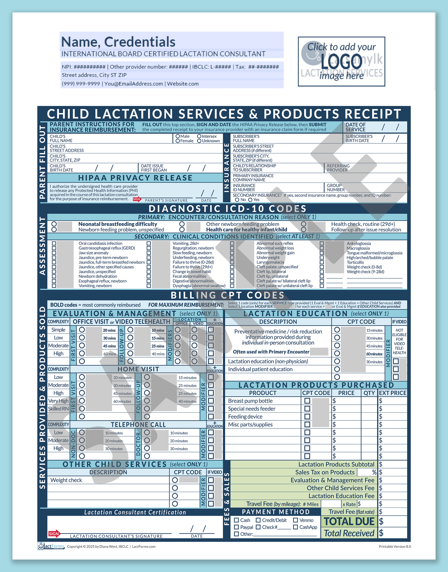 Child Superbill—OfficePrintable, HeaderLogo before editing, Blue, V8.0