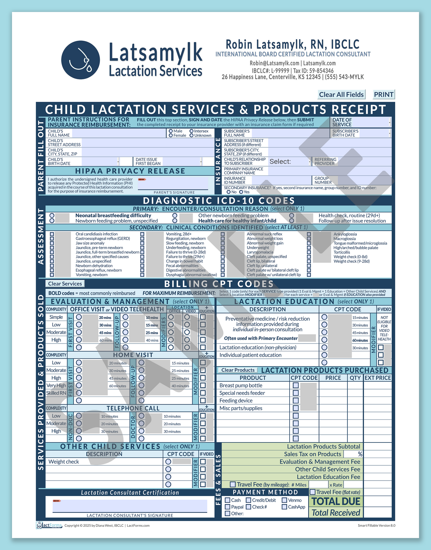 Child Superbill—SmartFillable, HeaderBox after editing, Blue, V8.0