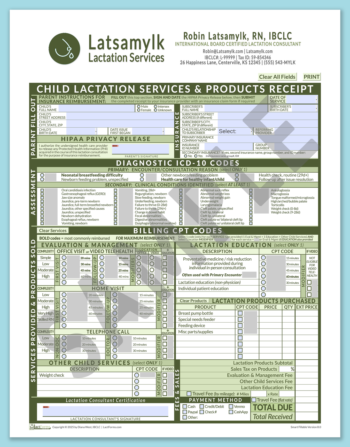 Child Superbill—SmartFillable, HeaderBox after editing, Green, V8.0