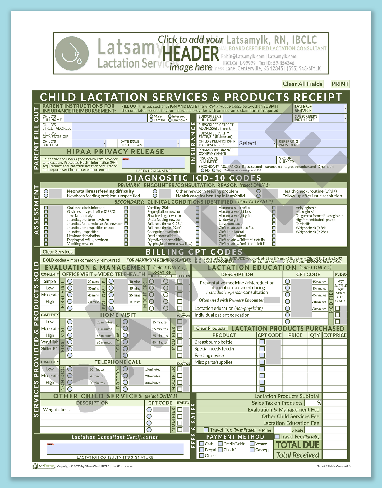 Child Superbill—SmartFillable, HeaderBox before editing, Green, V8.0