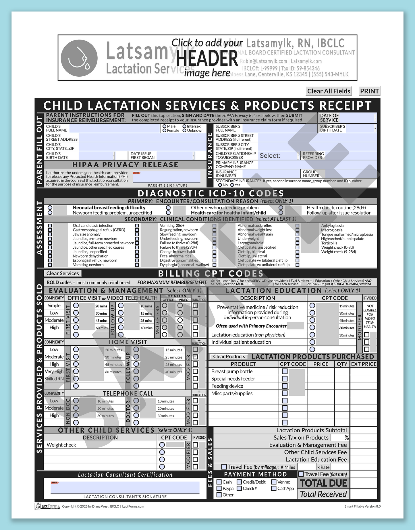 Child Superbill—SmartFillable, HeaderBox before editing, Grey, V8.0