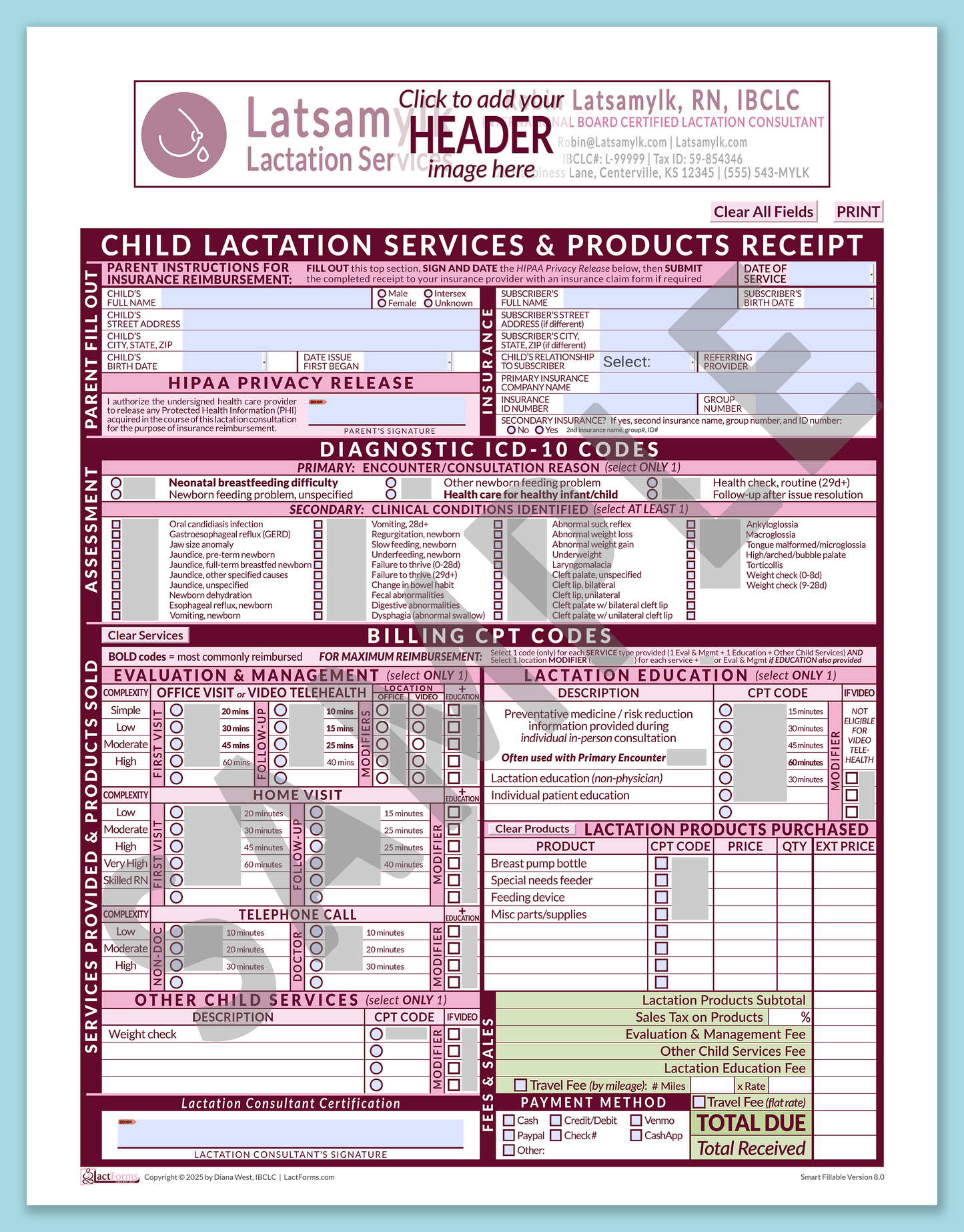 Child Superbill—SmartFillable, HeaderBox before editing, Pink, V8.0