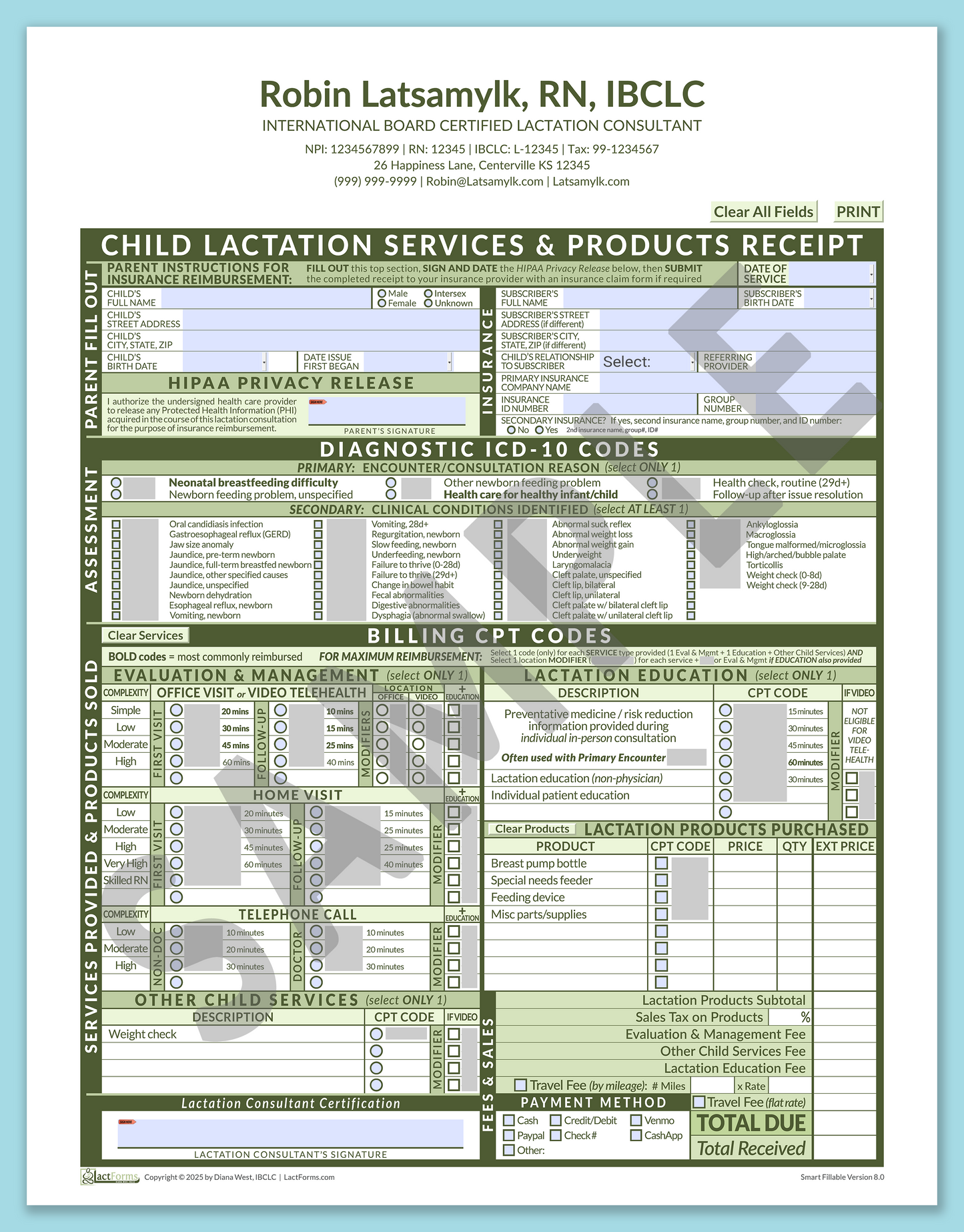 Child Superbill—SmartFillable, HeaderCenter after editing, Green, V8.0