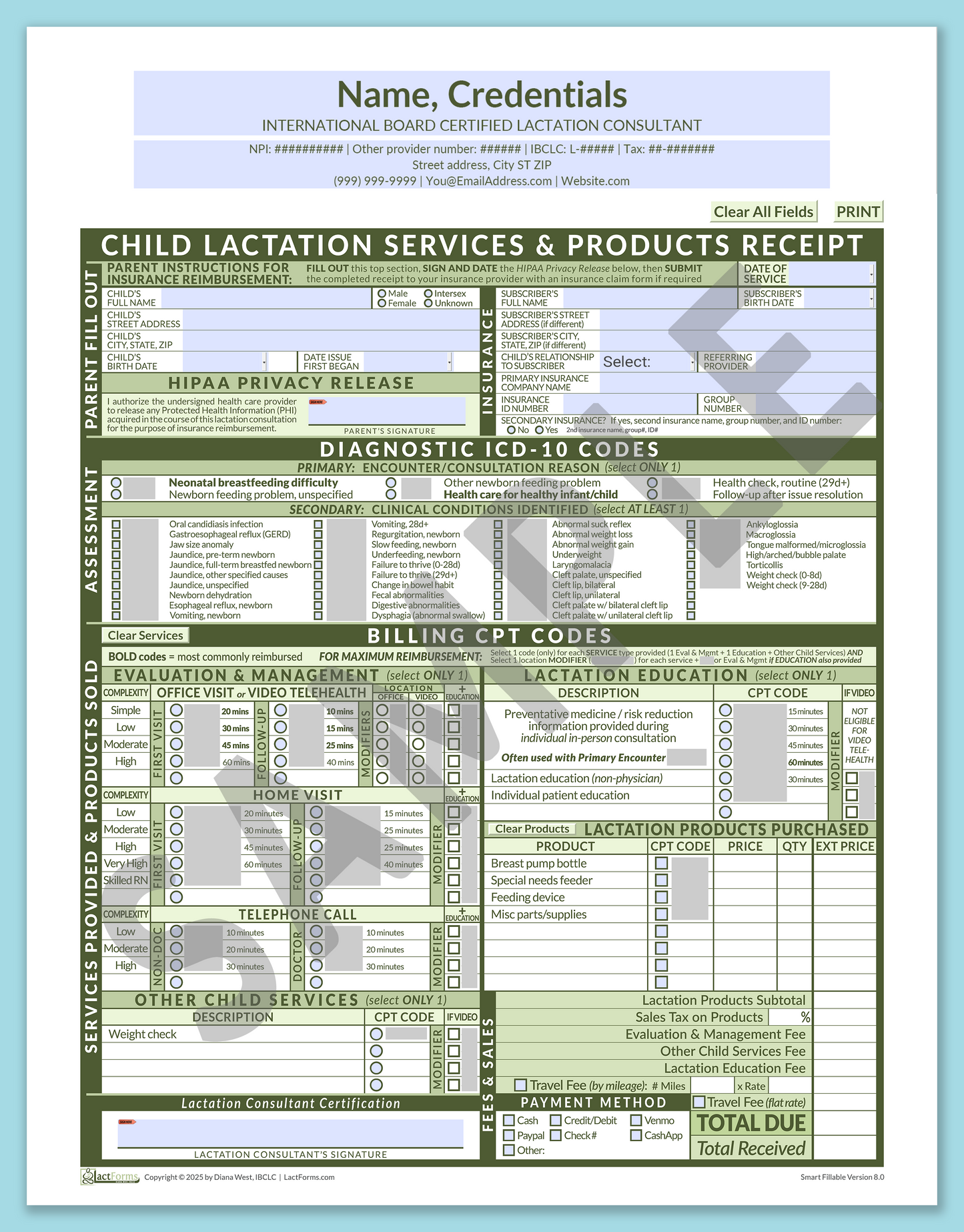 Child Superbill—SmartFillable, HeaderCenter before editing, Green, V8.0