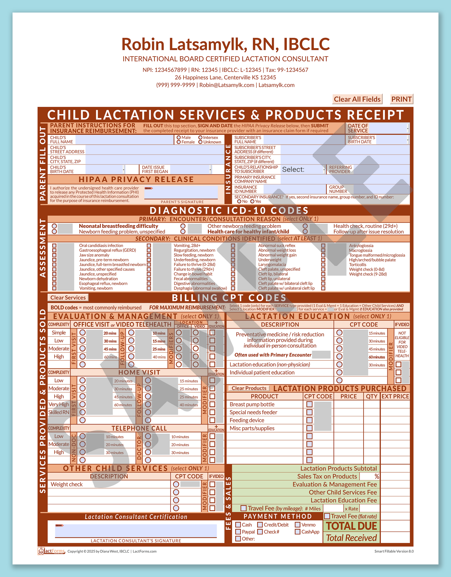 Child Superbill—SmartFillable, HeaderCenter after editing, Orange, V8.0
