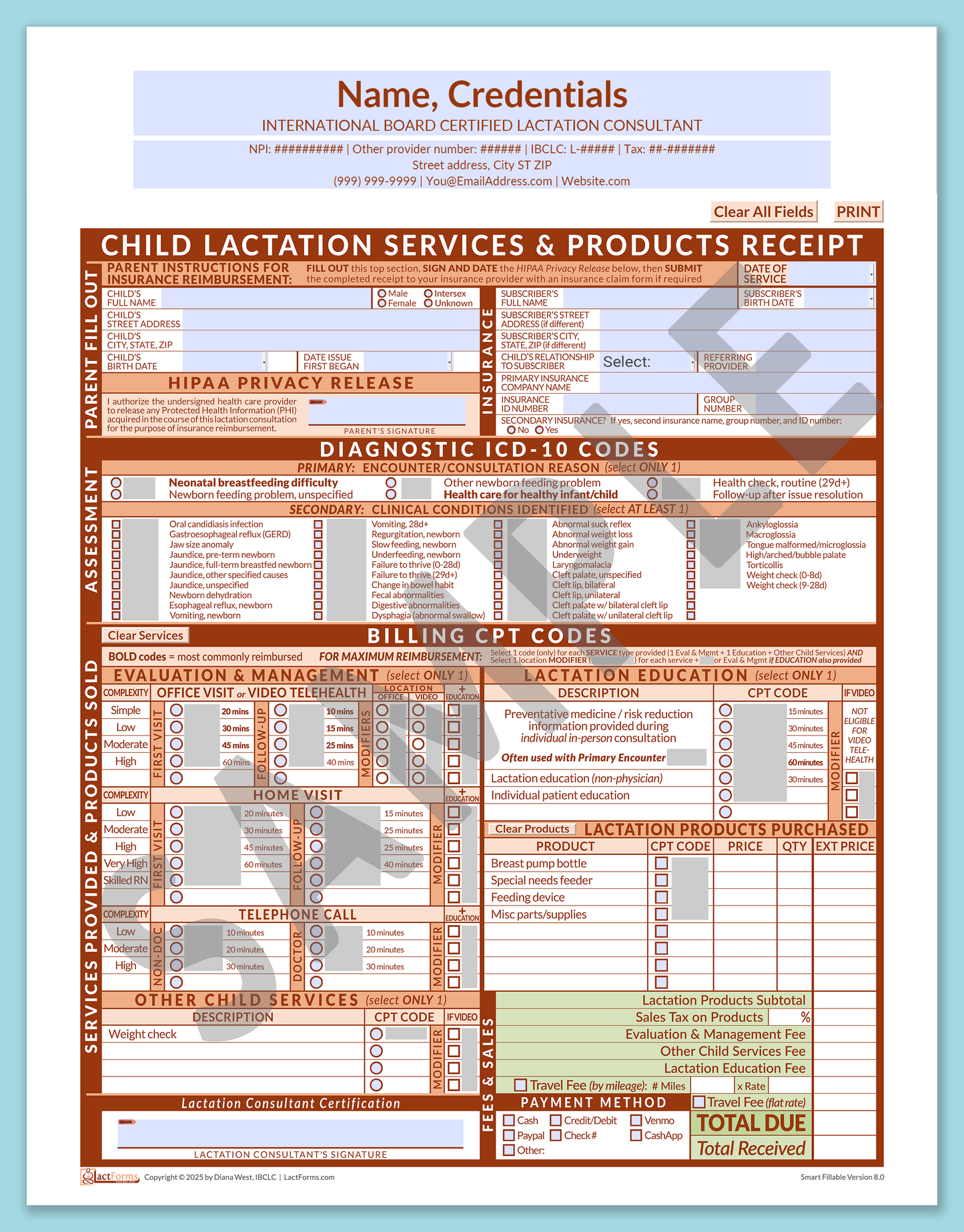 Child Superbill—SmartFillable, HeaderCenter before editing, Orange, V8.0