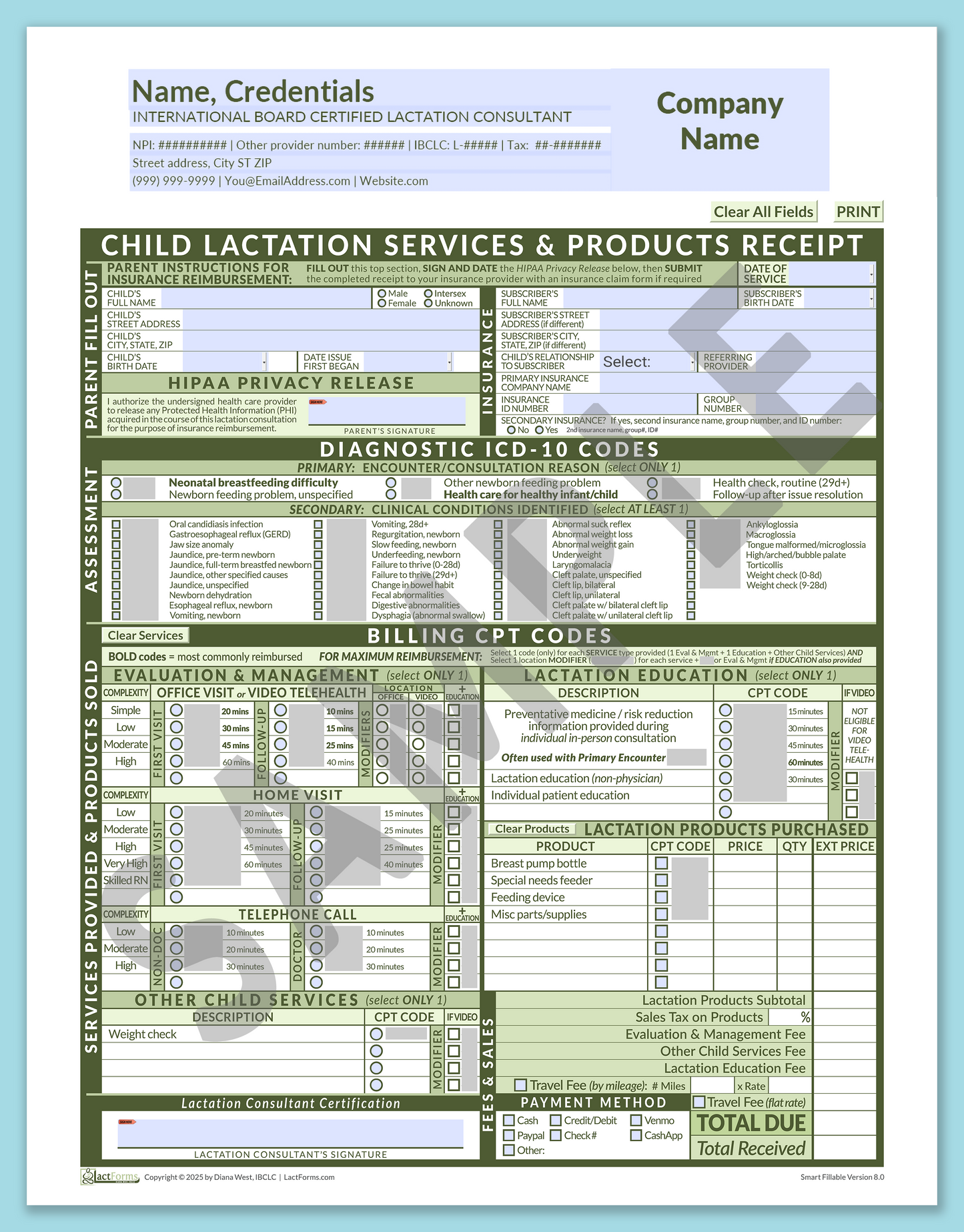 Child Superbill—SmartFillable, HeaderCompany before editing, Green, V8.0