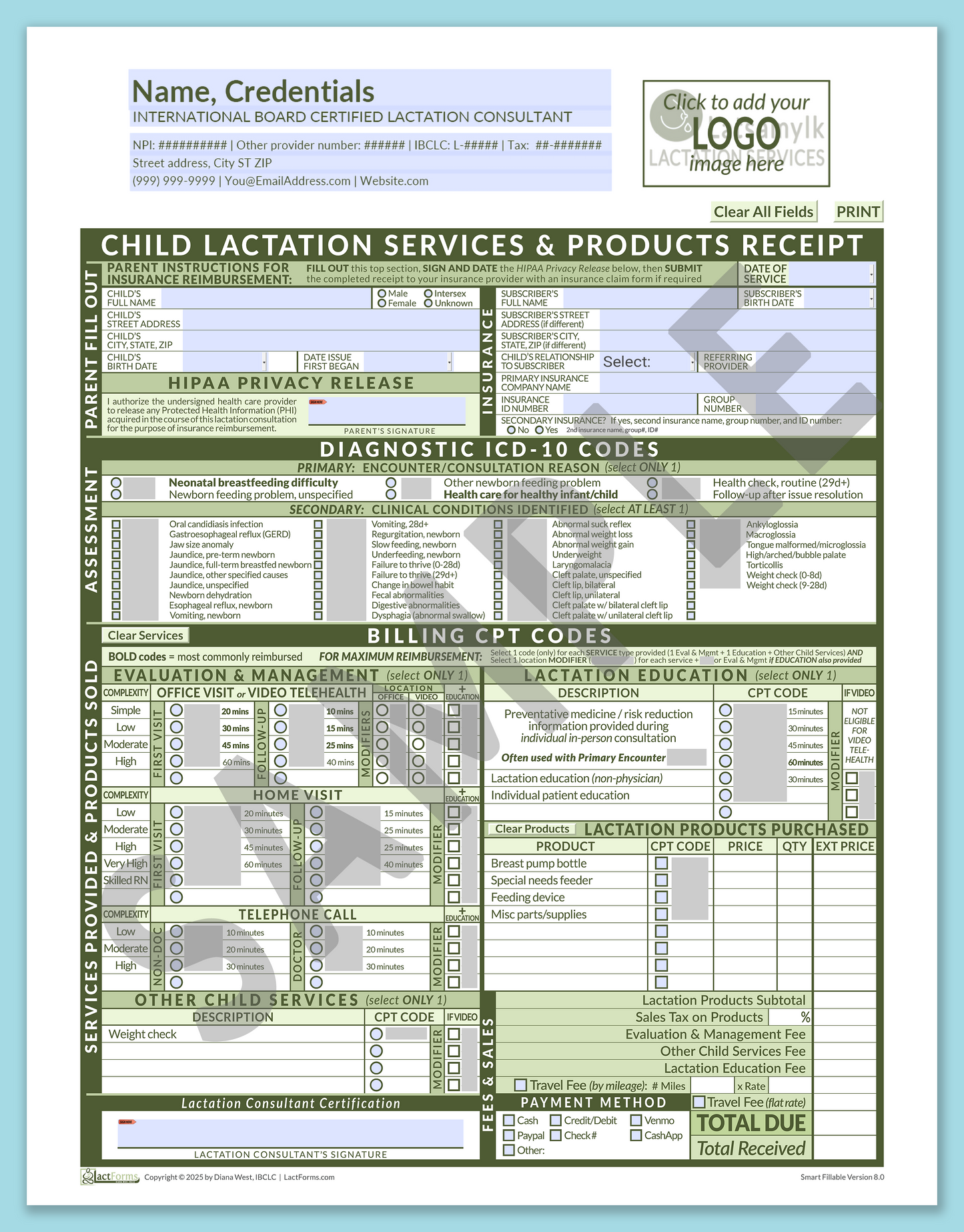 Child Superbill—SmartFillable, HeaderLogo before editing, Green, V8.0