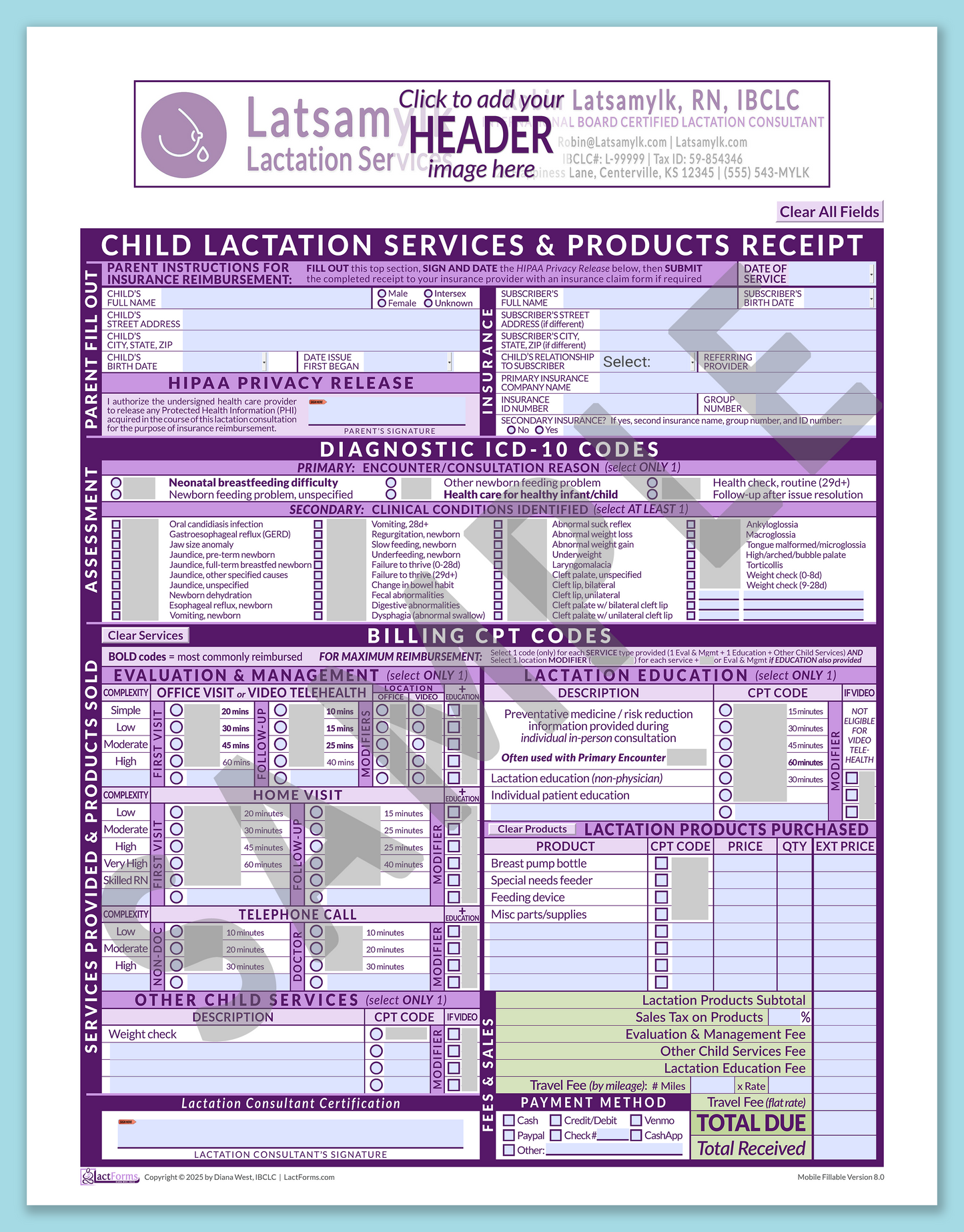 Child Superbill—MobileFillable, HeaderBox before editing, Purple, V8.0