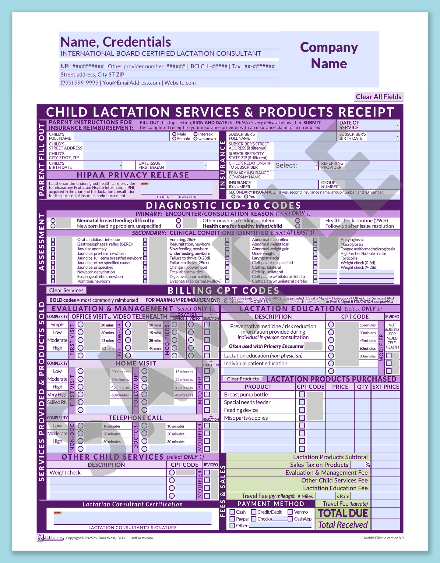 Child Superbill—MobileFillable, HeaderCompany before editing, Purple, V8.0
