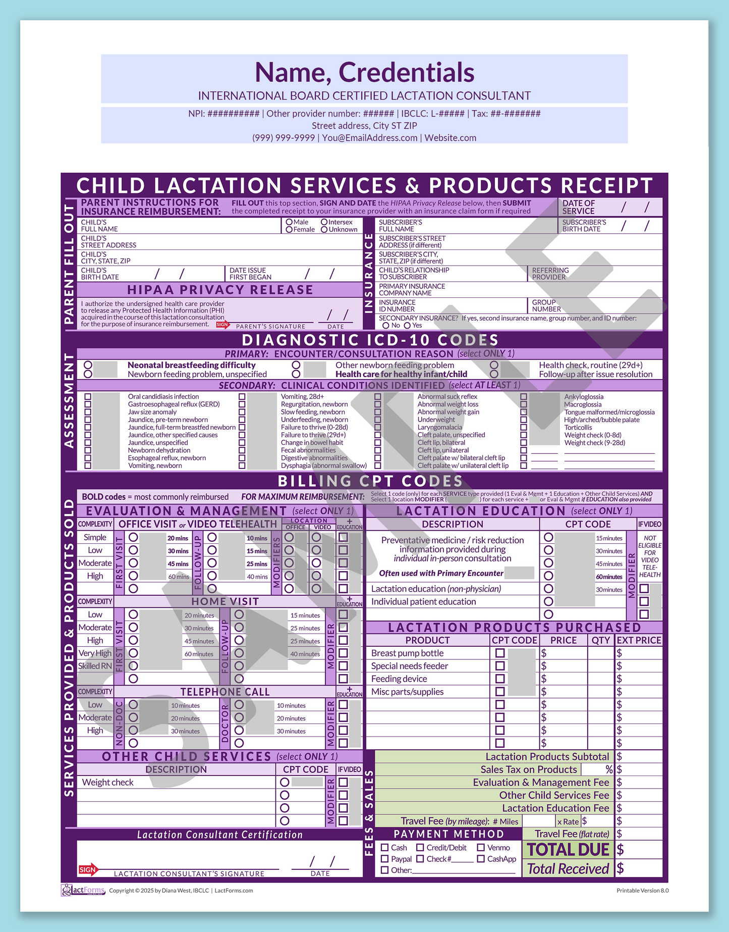Child Superbill—OfficePrintable, HeaderCenter before editing, Purple, V8.0