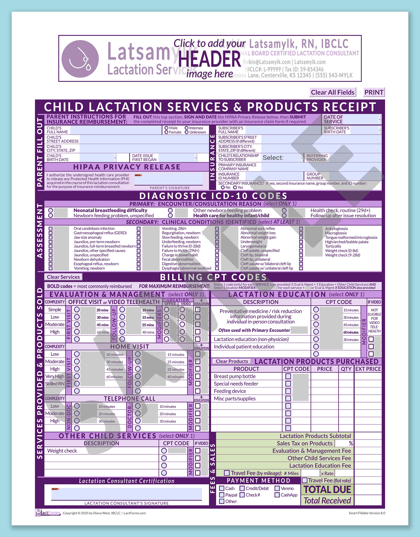 Child Superbill—SmartFillable, HeaderBox before editing, Purple, V8.0