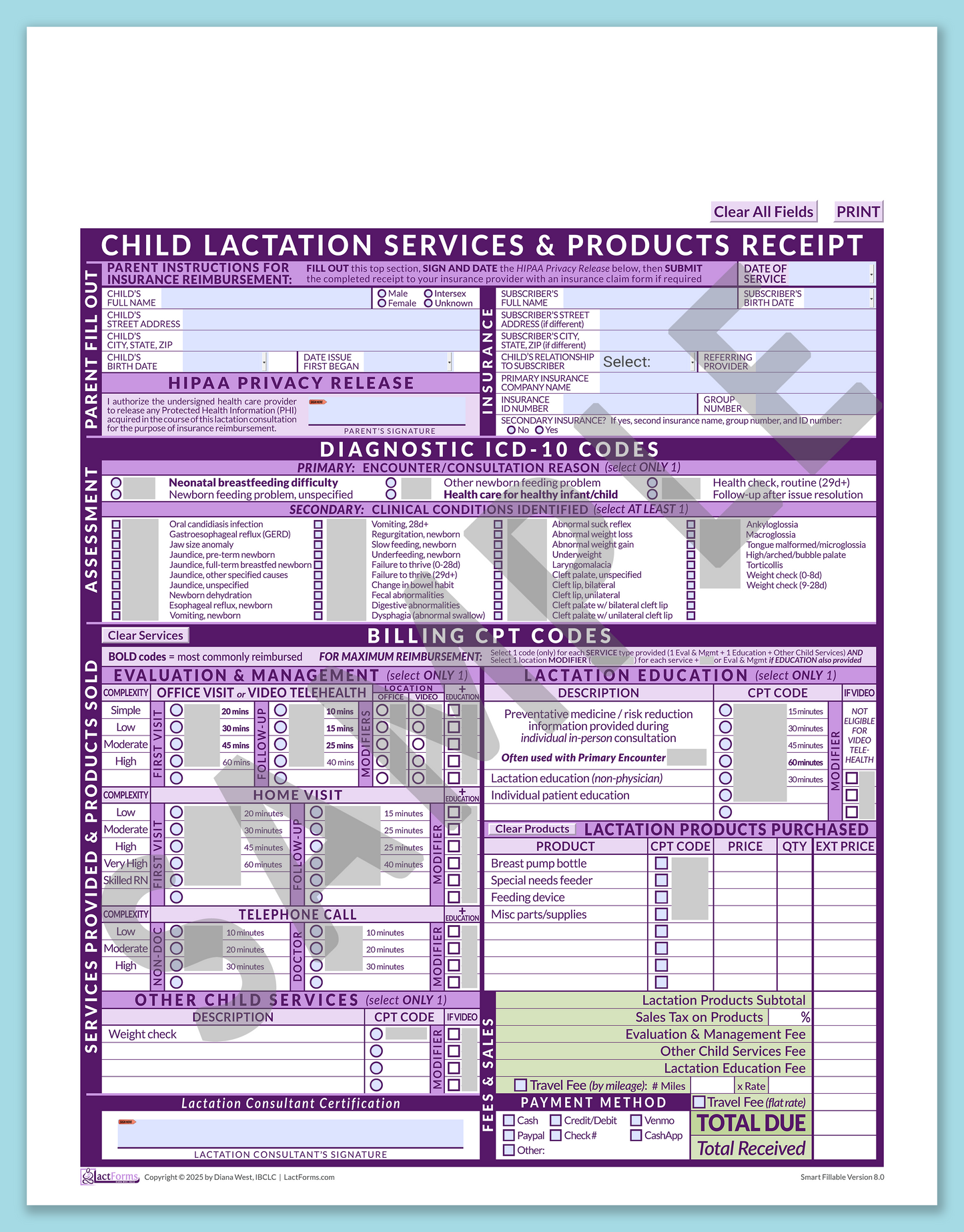 Child Superbill—SmartFillable, HeaderNone, Purple, V8.0