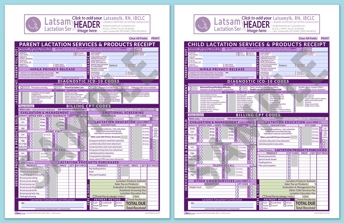 Superbills Package—SmartFillable, HeaderBox before editing, Purple, V8.0