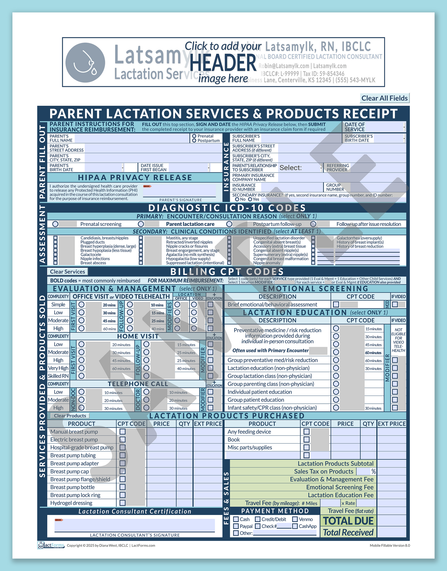Parent Superbill—MobileFillable, HeaderBox before editing, Blue, V8.0
