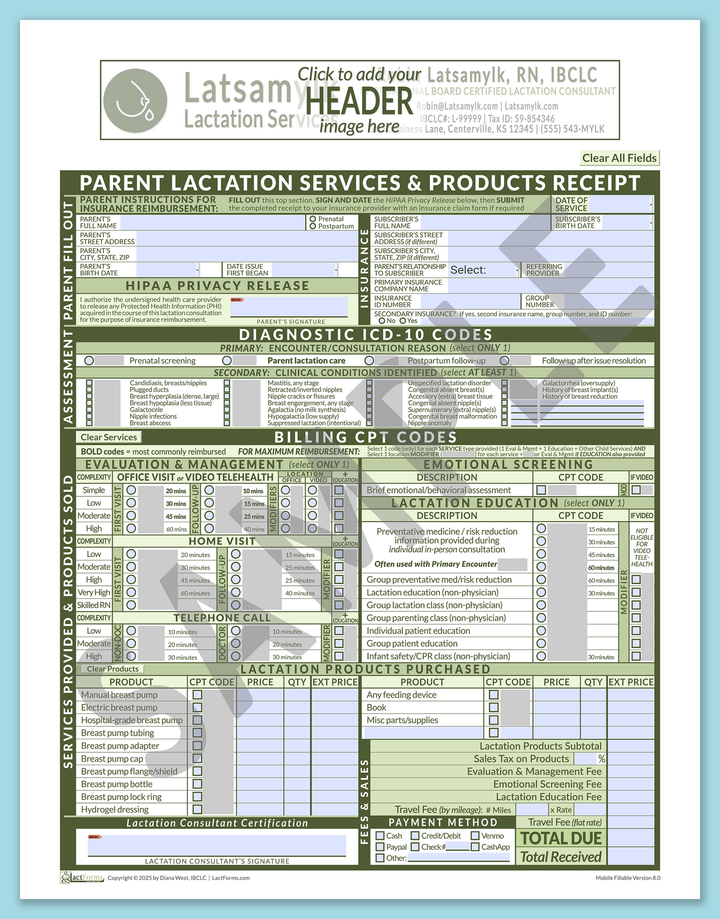 Parent Superbill—MobileFillable, HeaderBox before editing, Green, V8.0