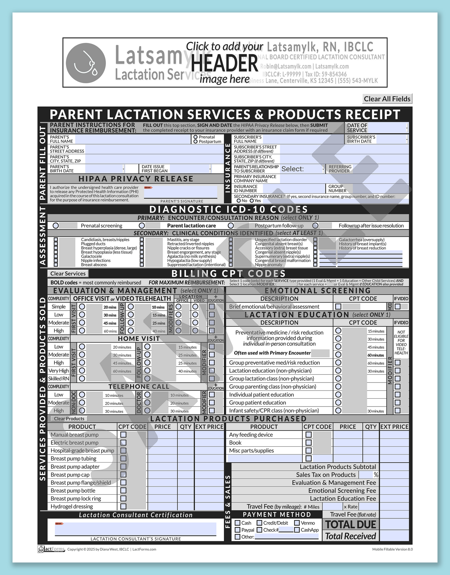 Parent Superbill—MobileFillable, HeaderBox before editing, Grey, V8.0