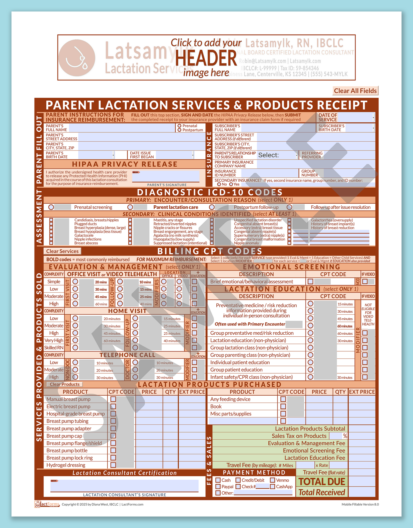 Parent Superbill—MobileFillable, HeaderBox before editing, Orange, V8.0