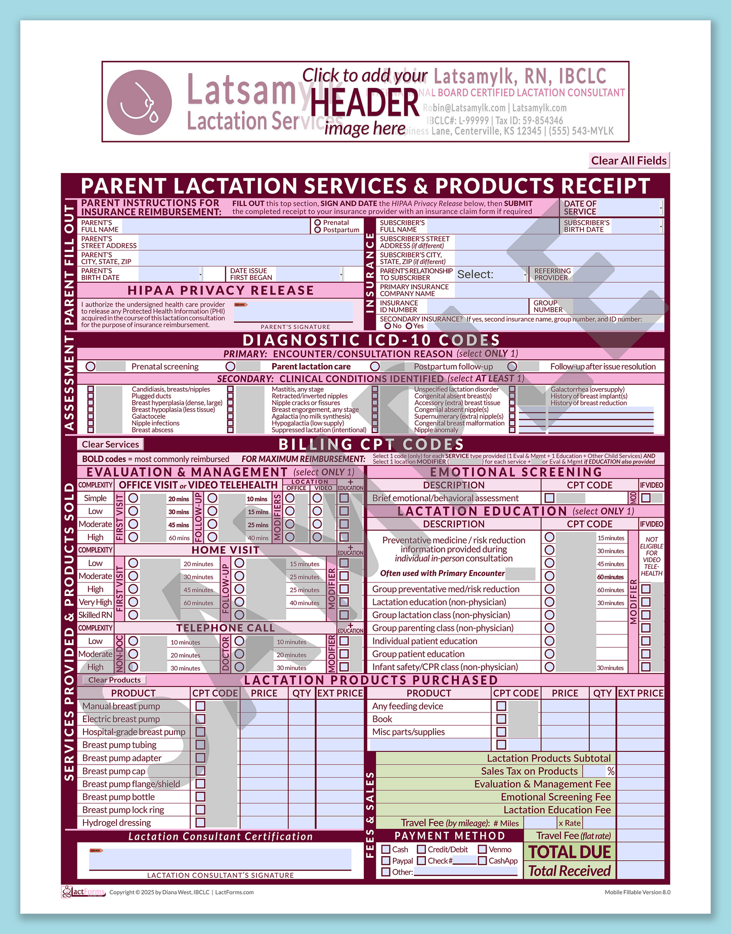 Parent Superbill—MobileFillable, HeaderBox before editing, Pink, V8.0