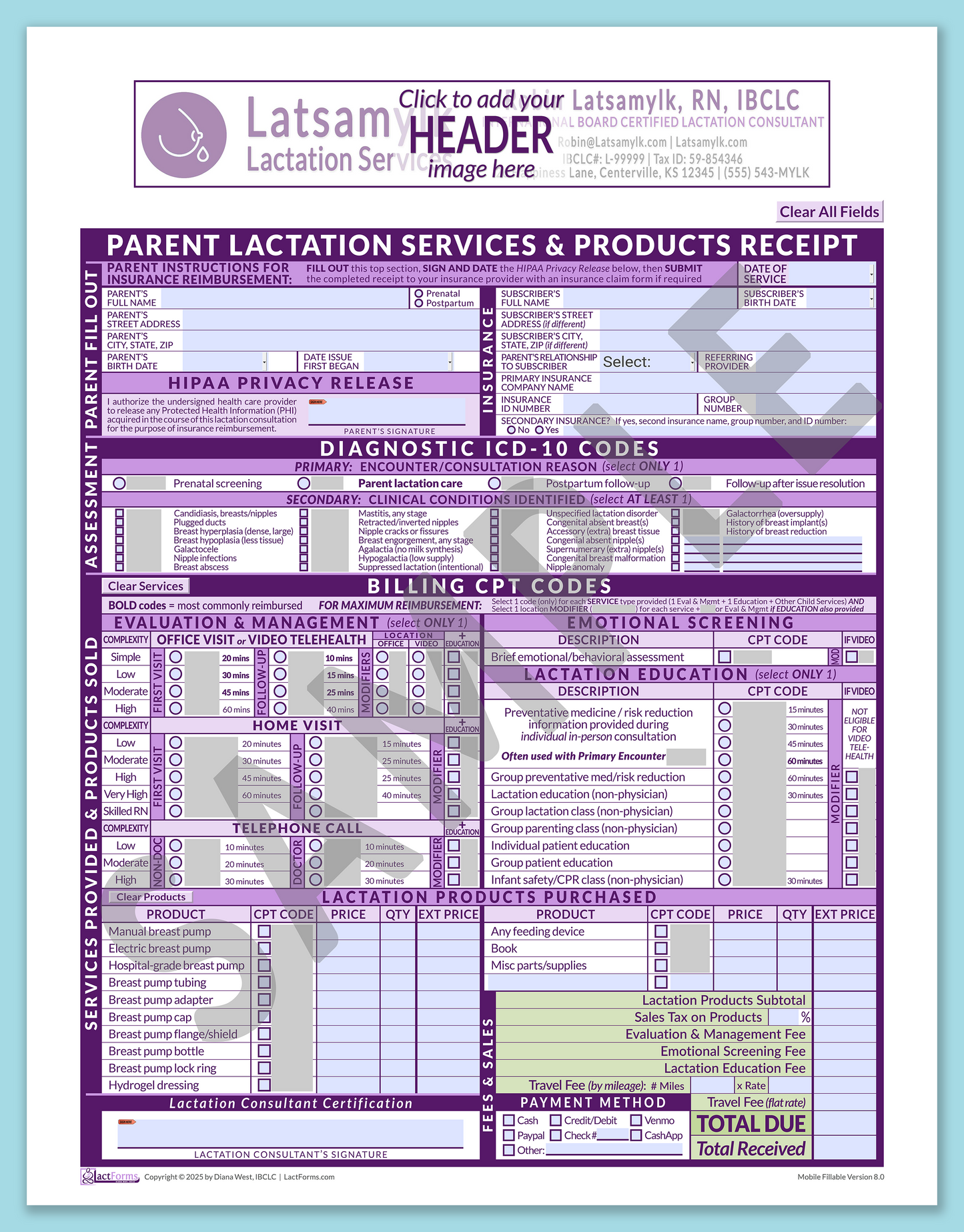 Parent Superbill—MobileFillable, HeaderBox before editing, Purple, V8.0