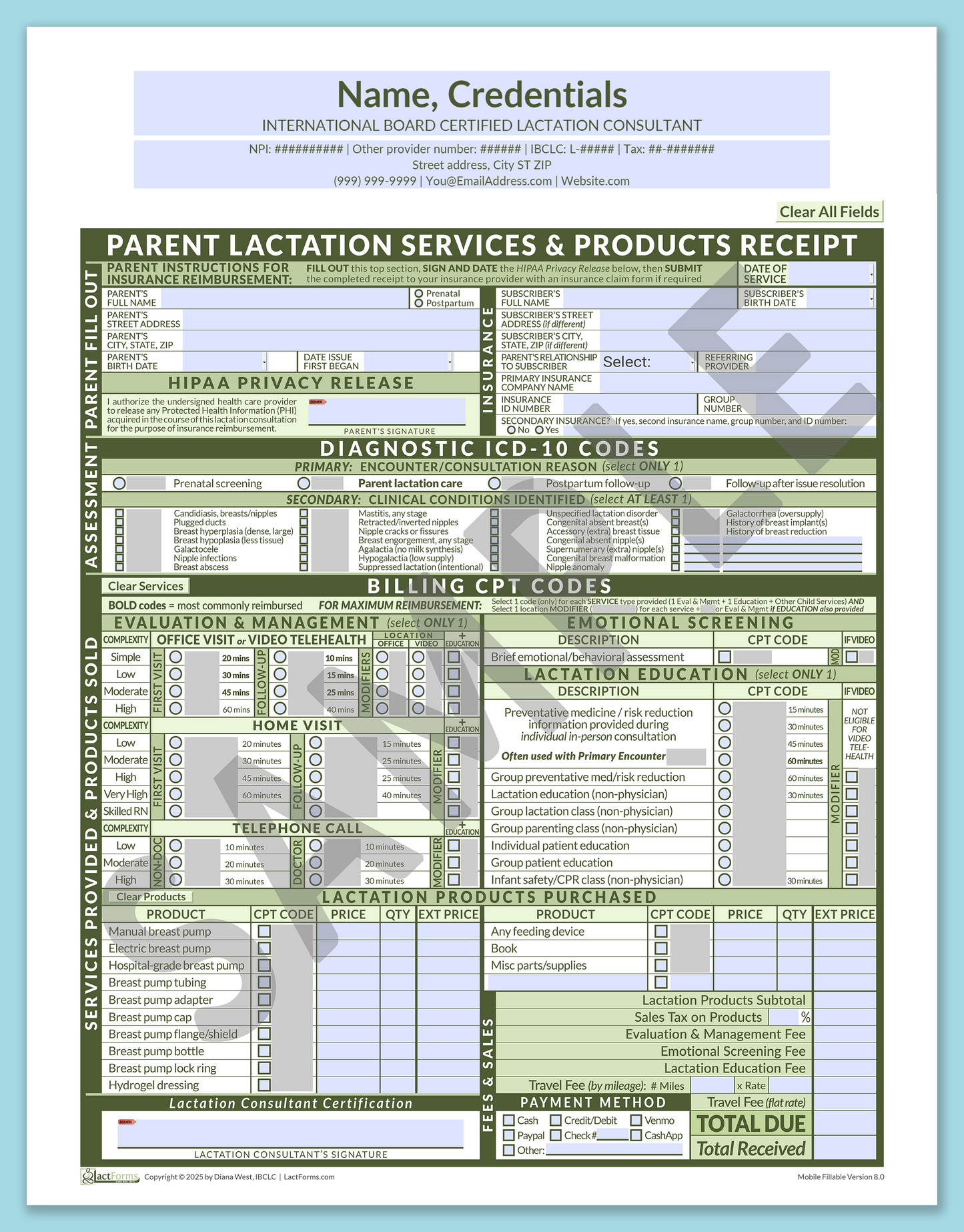 Parent Superbill—MobileFillable, HeaderCenter before editing, Green, V8.0