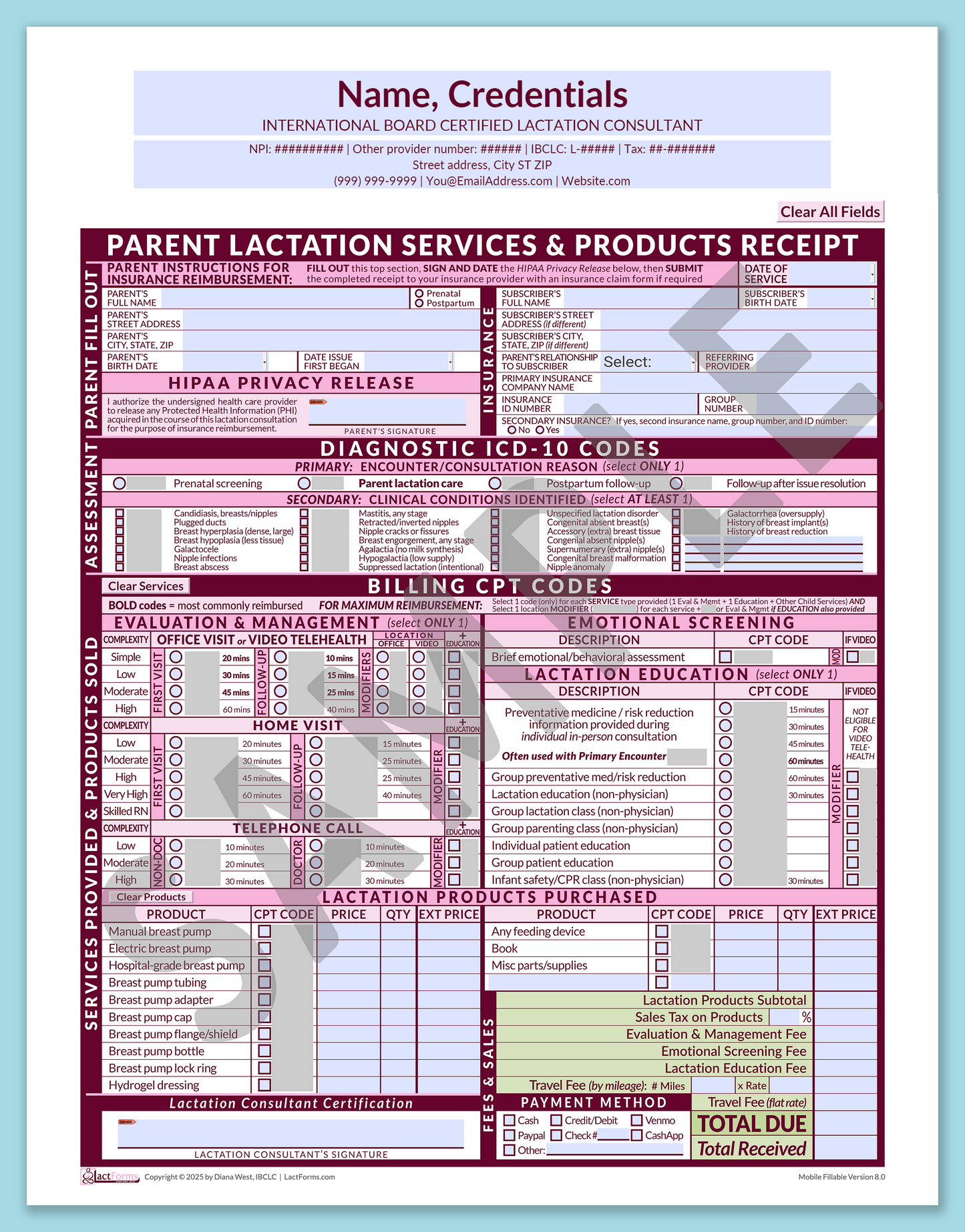 Parent Superbill—MobileFillable, HeaderCenter before editing, Pink, V8.0