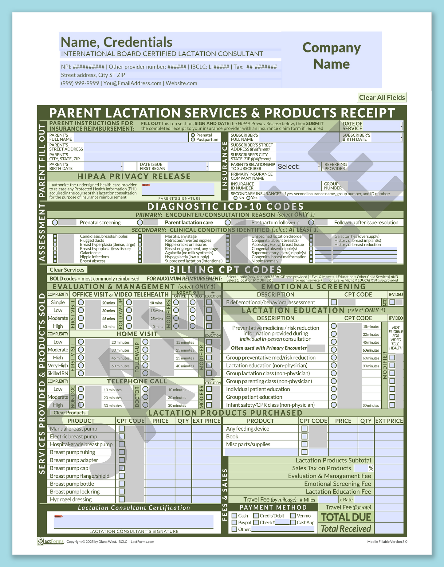 Parent Superbill—MobileFillable, HeaderCompany before editing, Green, V8.0