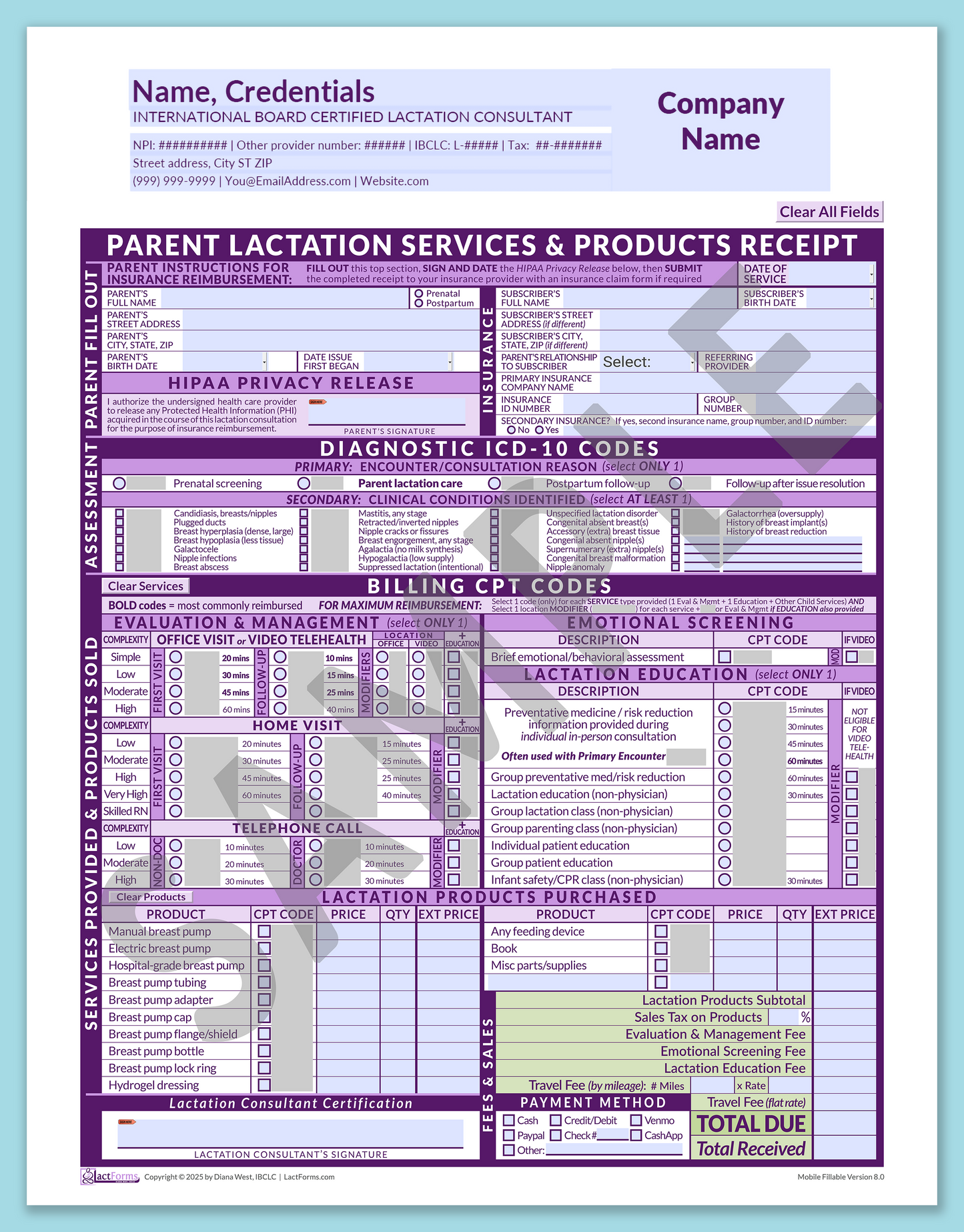 Parent Superbill—MobileFillable, HeaderCompany before editing, Purple, V8.0