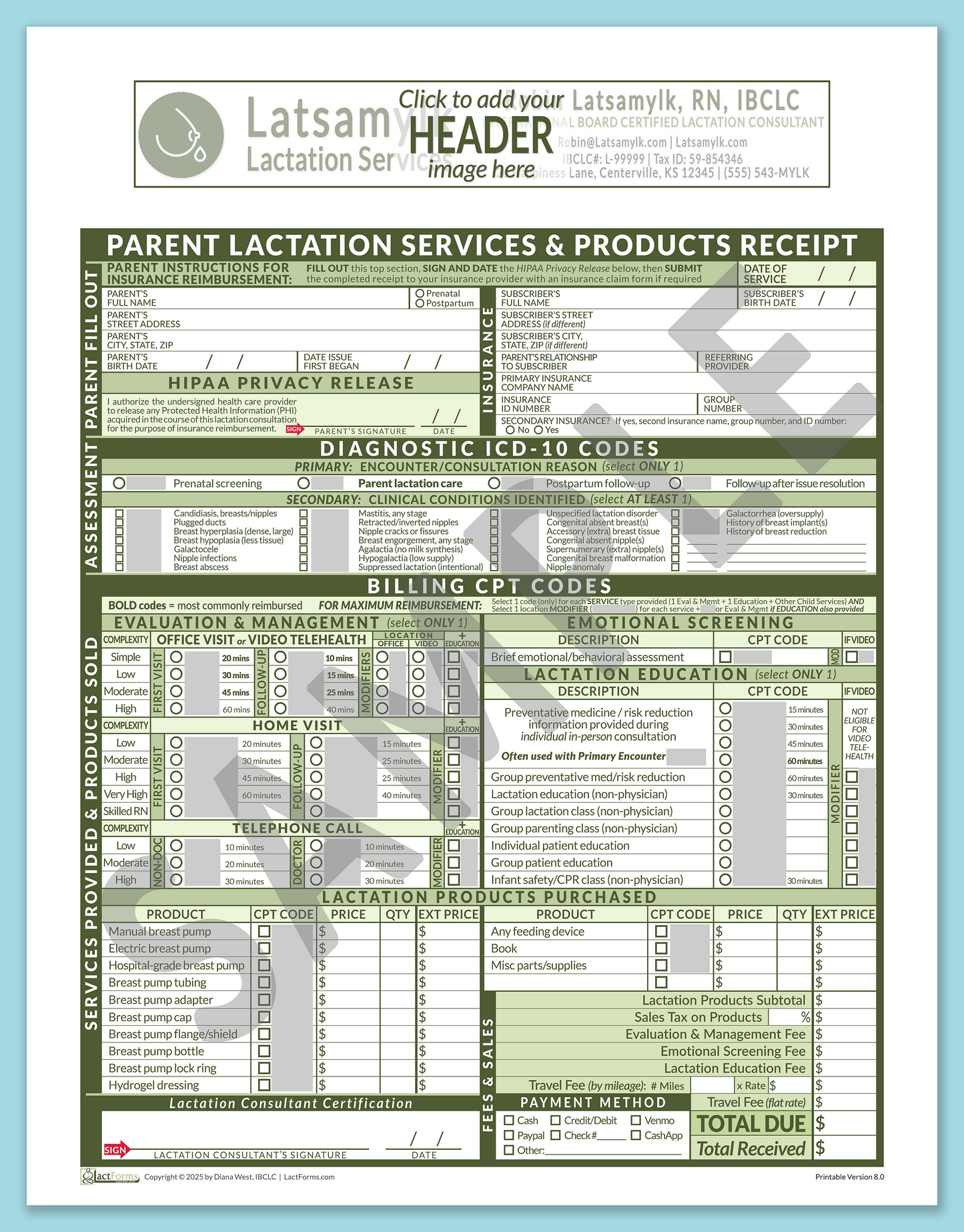 Parent Superbill—OfficePrintable, HeaderBox before editing, Green, V8.0