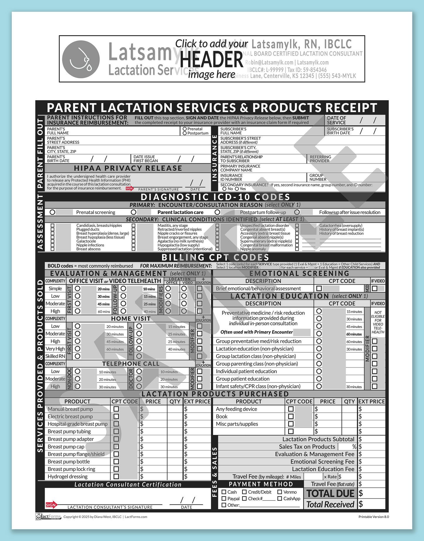 Parent Superbill—OfficePrintable, HeaderBox before editing, Grey, V8.0