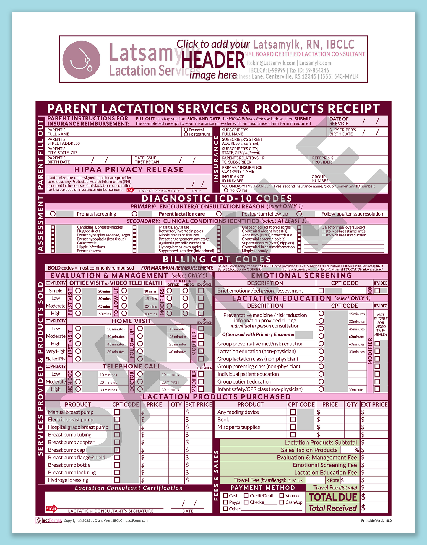 Parent Superbill—OfficePrintable, HeaderBox before editing, Pink, V8.0