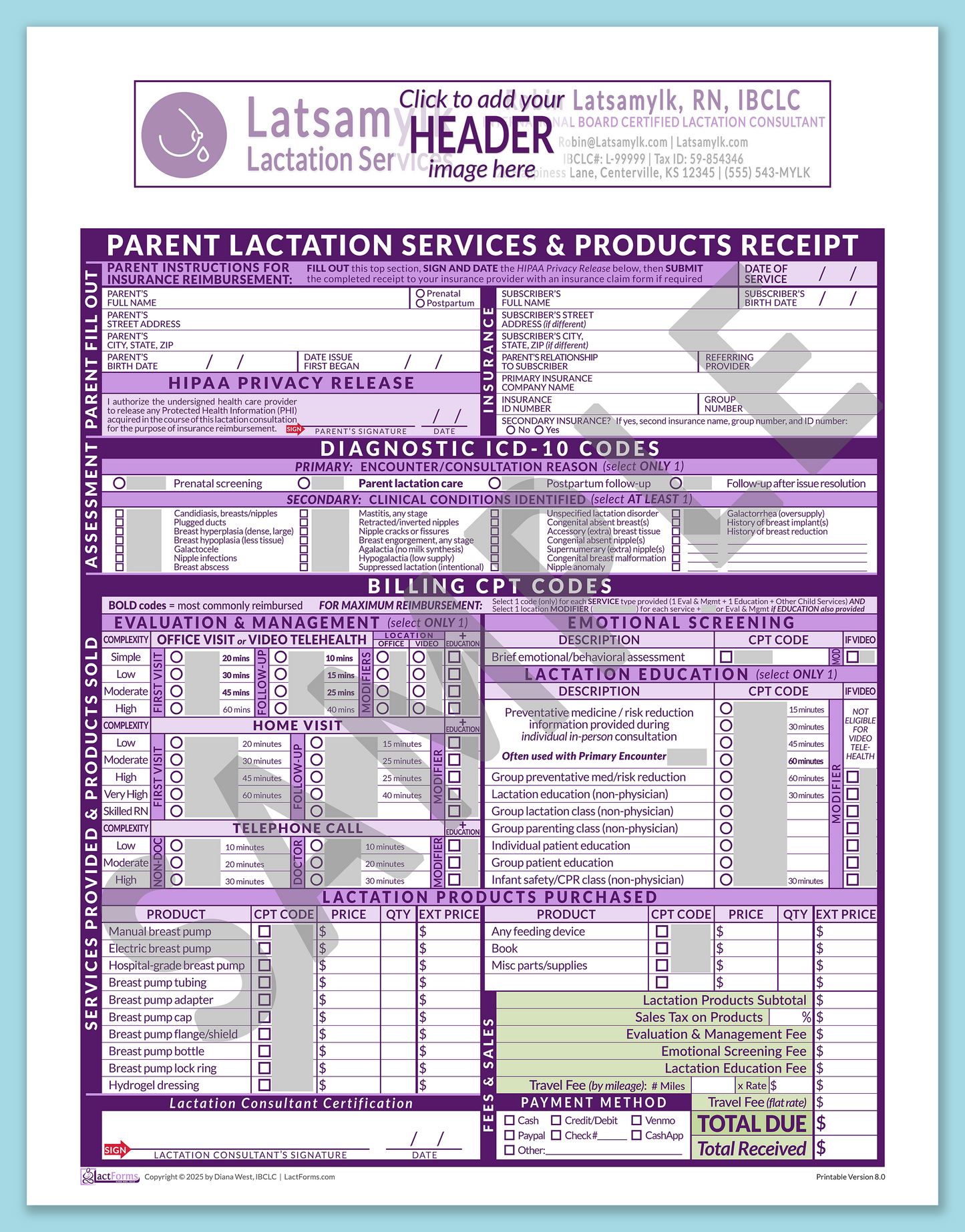 Parent Superbill—OfficePrintable, HeaderBox before editing, Purple, V8.0