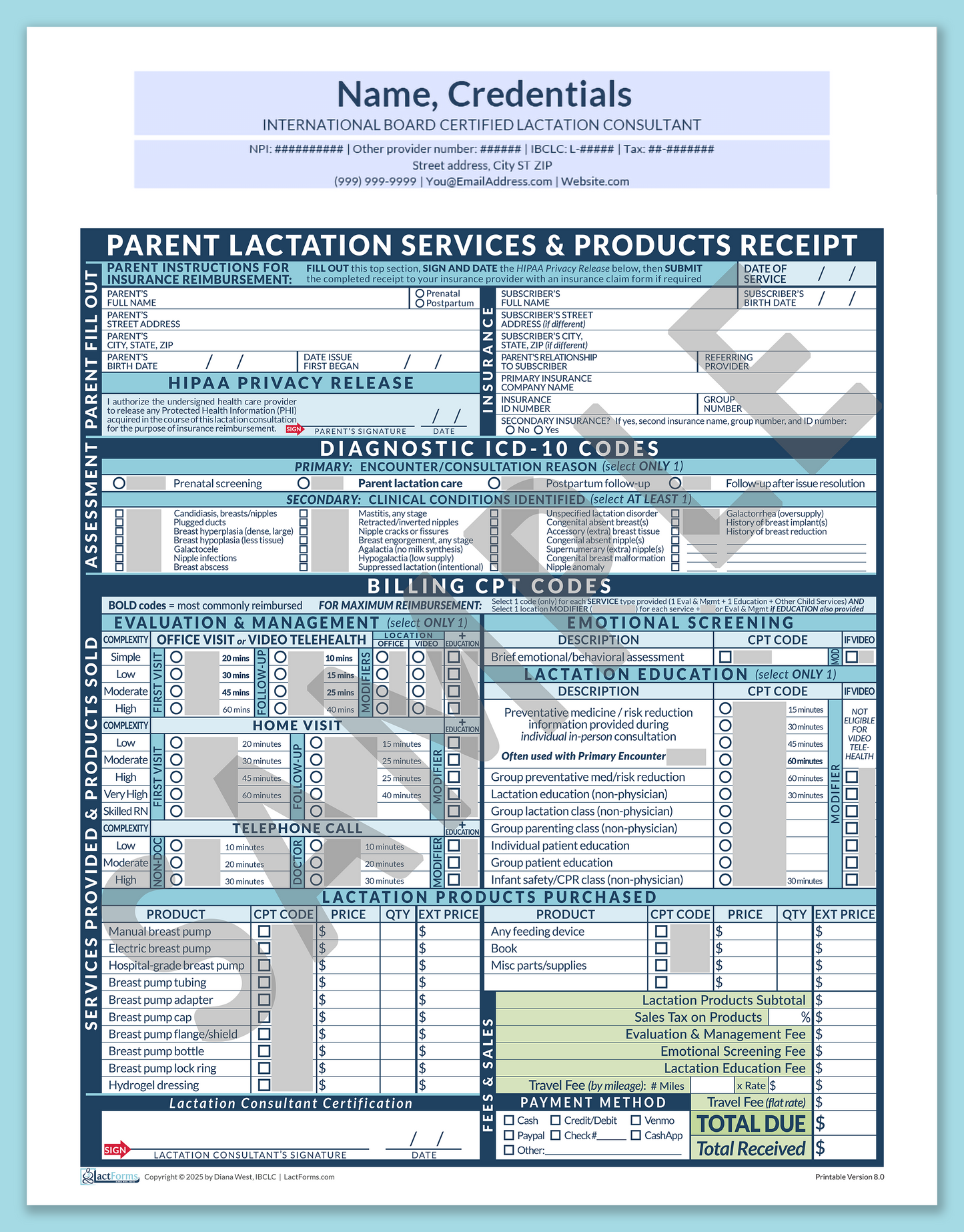 Parent Superbill—OfficePrintable, HeaderCenter before editing, Blue, V8.0