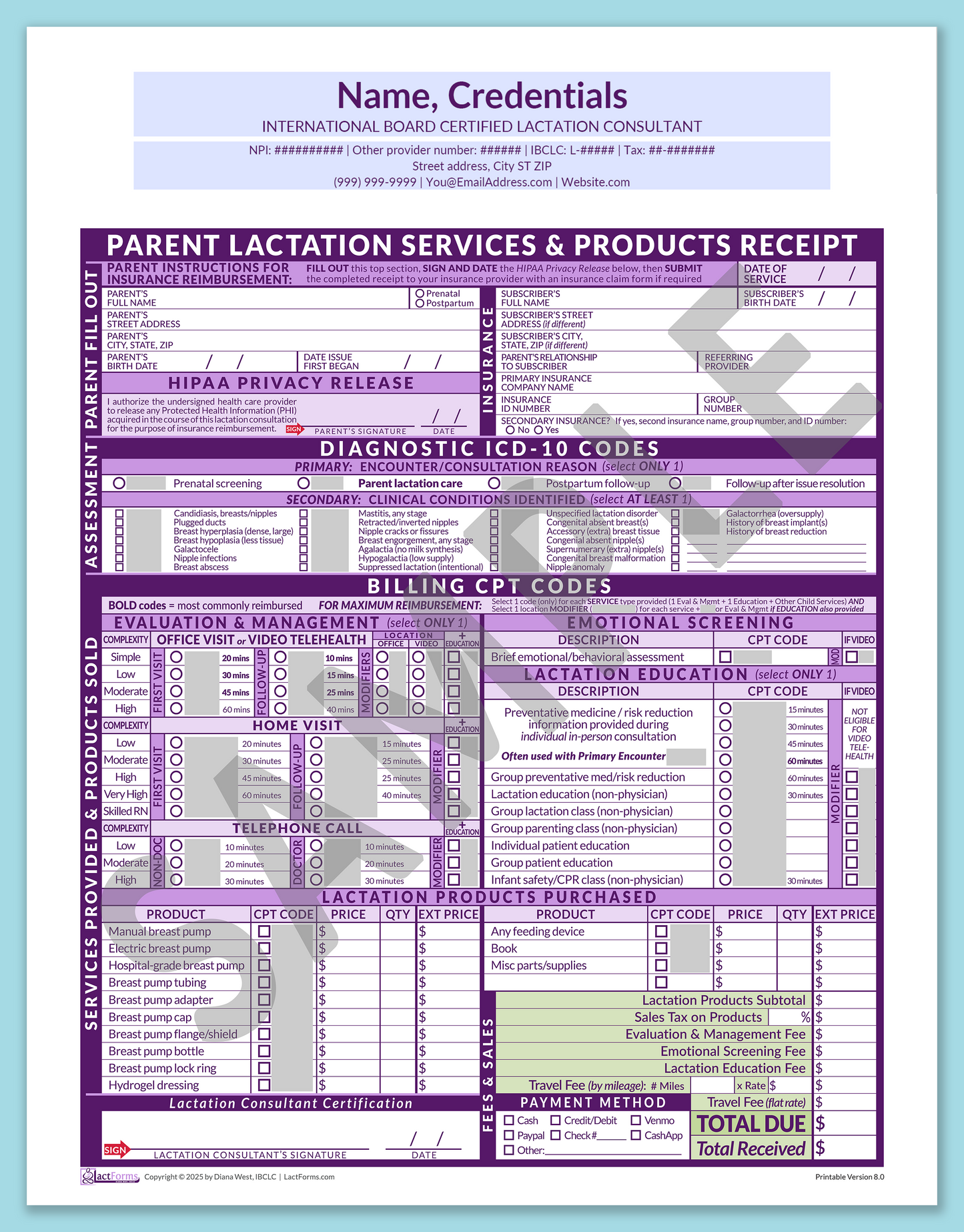 Parent Superbill—OfficePrintable, HeaderCenter before editing, Purple, V8.0