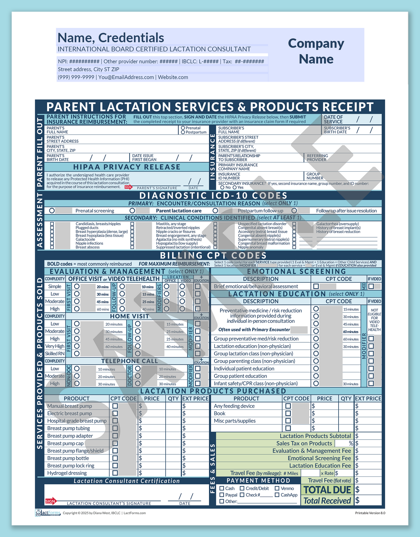Parent Superbill—OfficePrintable, HeaderCompany before editing, Blue, V8.0